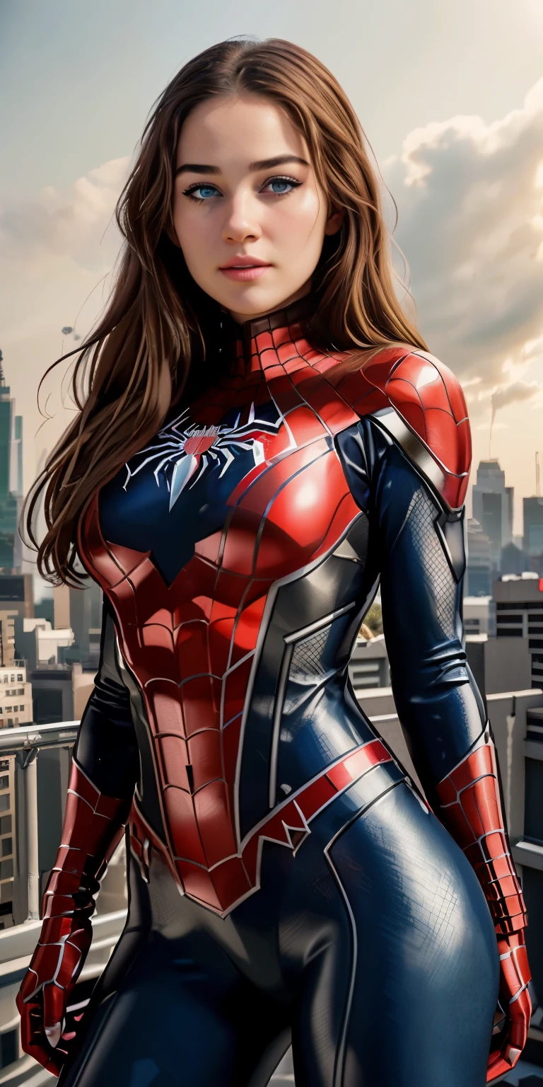 (1girl:1.3), Solo, (((Very detailed face)))), ((Very detailed eyes and face)))), Beautiful detail eyes, Body parts__, Official art, Unified 8k wallpaper, Super detailed, beautiful and beautiful, beautiful, masterpiece, best quality, original, masterpiece, super fine photo, best quality, super high resolution, realistic realism, sunlight, full body portrait, amazing beauty, dynamic pose, delicate face, vibrant eyes, (from the front), She wears Spider-Man Mecha suit, red and black color scheme, Mecha spider, very detailed city roof background, rooftop, overlooking the city, detailed face, detailed complex busy background, messy, gorgeous, milky white, highly detailed skin, realistic skin details, visible pores, clear focus, volumetric fog, 8k uhd, DSLR, high quality, film grain, fair skin, photo realism, lomography, futuristic dystopian megalopolis, translucent