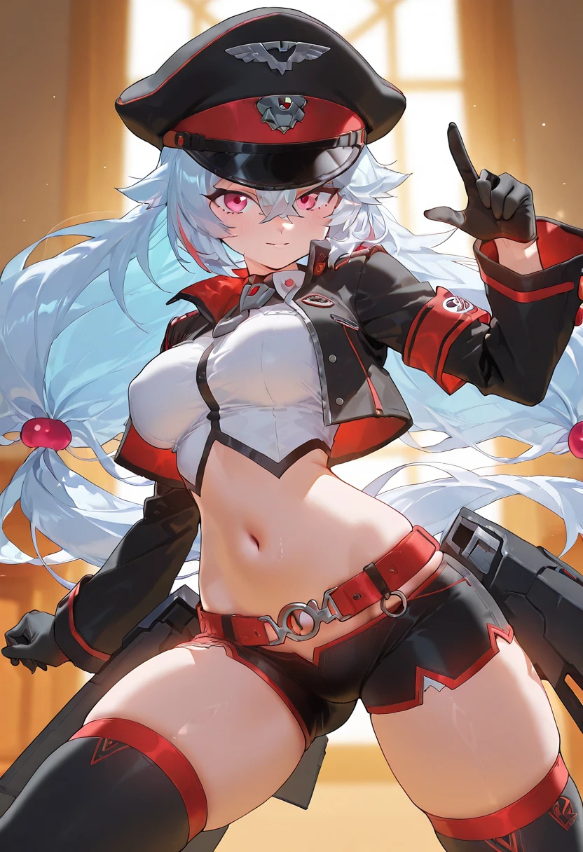 1girl, hair over one eye, one-eye covered, red eyes, white hair, gloeing eyes, leotard, black leotard, belt, white gloves, large breasst, breasts, shoes, sneakers, wide hips, serious