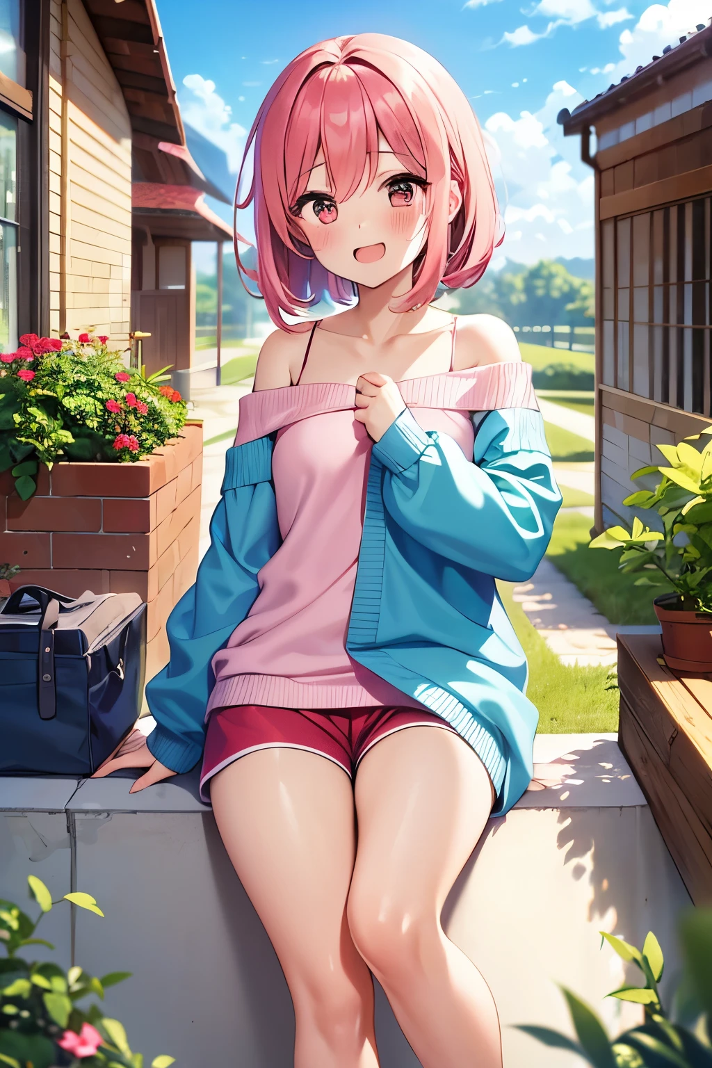 1girl、pink medium hair wiping the tide、 、is laughing、I'm dyeing my cheeks a little red、、red off-the-shoulder sweater、pink mini loose loungewear shorts、Blue shoes、sitting、garden、Shiny, smooth thighs、Lunch、image of Subesubetsuya viewed from the front
