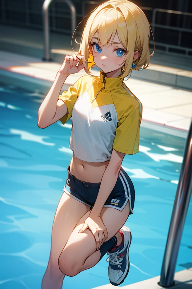 (Original Character、Unity 16K Wallpaper, Masterpiece, Best Quality, Ultra-Detailed, Extremely Detailed CG, Caustics, Cinematic Lighting, Detailed, Beautiful Detailed Eyes, solo), Ultra High Resolution, fine skin, (track and field:1.2) 、(strong light)、oily skin,smile , from front:1.2、(sexy women)、Arena、full body shot、separate、racing bloomers、show off belly,show off neck,sunny day、cowboy shot,yellow hair、sit on the bench,open legs,pixie cut,blush angry,Updo