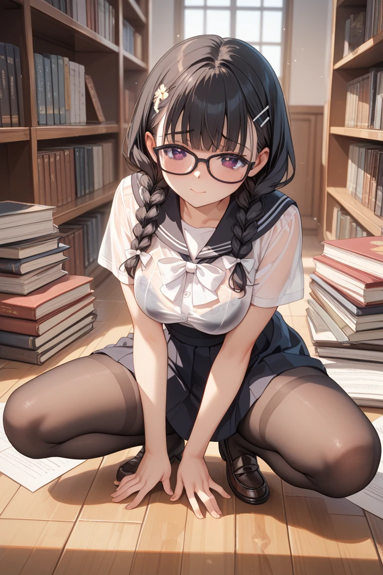 ((masterpiece,Highest quality;1.3,best illustration,realistic)),Looking up at the viewer、1woman、独奏,22 year old beauty,((very small head:1.1)),center parted bangs,forehead,black hair,long hair,black eyes,gorgeous eyes,Black-rimmed glasses、tears,shy,shock、medium breasts,((very long body)),((toned body,slender body,skinny)),gleaming skin,shiny skin,oily skin,(oversized blue cardigan,Dark blue pleated mini skirt)、White tank top、kneeling,incontinence、peeing,library、Tokyo、