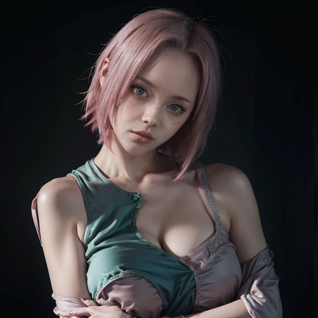 young woman, short shoulder-length pink hair, wide forehead, porcelain skin, pink eyebrows, big emerald green eyes, buttoned nose, full lips, heart-shaped face, slender body, small breasts, red tank top, Sakura Haruno , realistic, realism, details, 3d, well detailed
