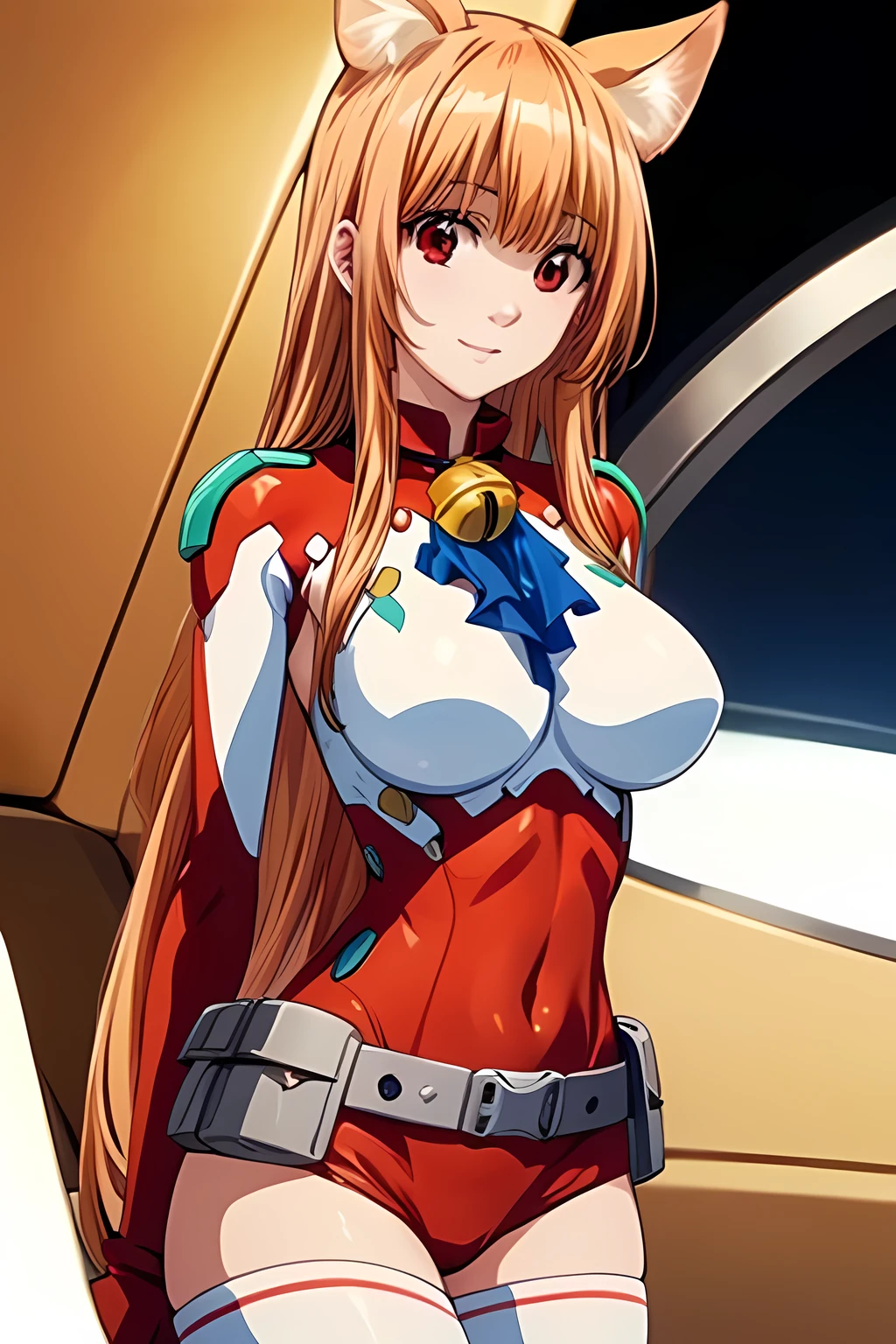 anime (Masou Gakuen HxH), teen lady , sexy (very big boobs), actress (Scarlett Fairchild) , yellow eyes , red long hair that is hip / past hip length, ribbon hair ,armor suit robot , She was at the practice room with a group of friends.