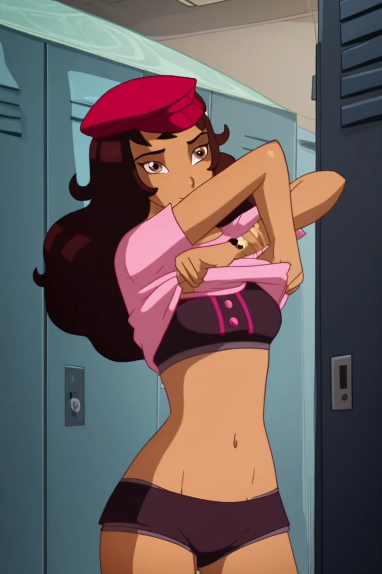 bonnie, 1girl, brown hair, solo, cheerleader, long hair, green eyes, midriff, smile, navel, bare shoulders, sleeveless, light smile,indoors, looking at viewer, ((skirt lift, pussy, exposed pussy, seen from below, dynamic angle, pussy juice)), score_9, score_8_up, score_7_up, score_6_up, score_5_up, score_4_up