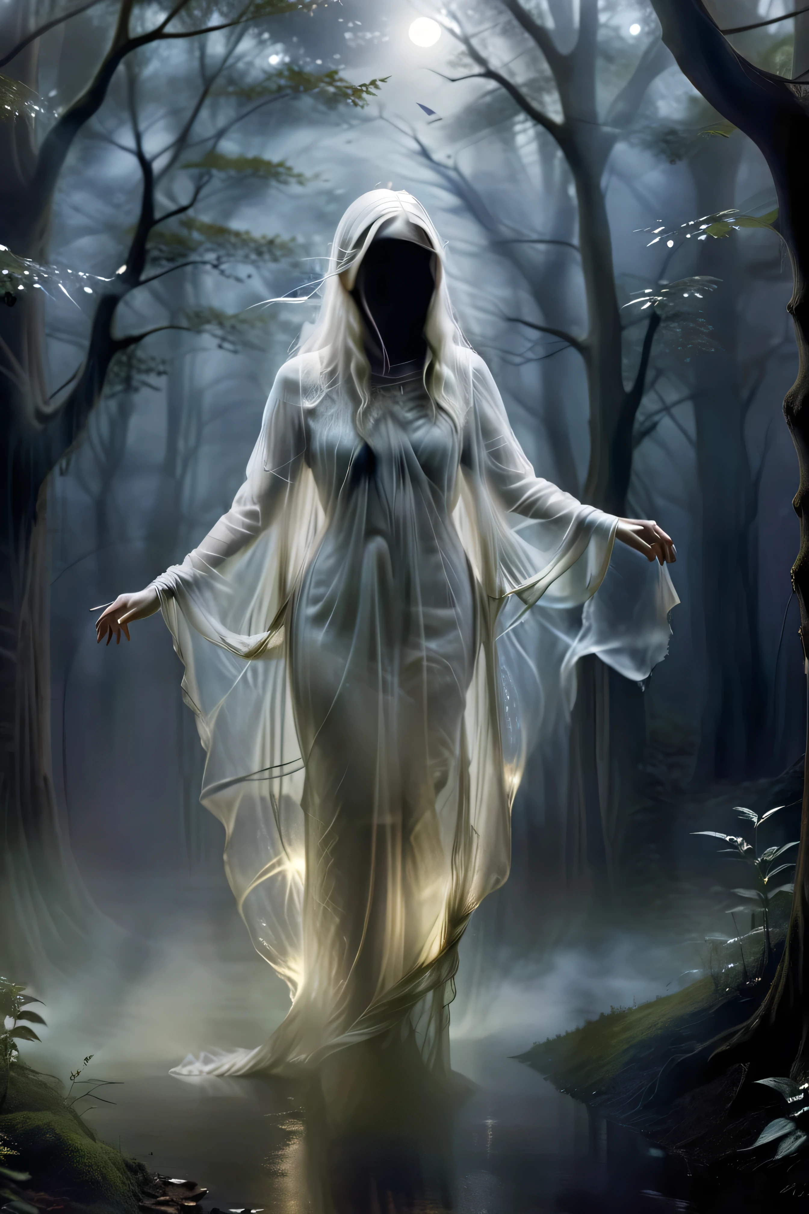(masterpiece), (8k), (best quality), (sublime), a Ghost, haunting, ethereal, fey, a celestial organism, liminal, death, alive again, wispy, transparent, sentient, pale, arms up, feminine, body stretched elongated bending and poised, silvery smoke, wispy strands of moon silver, translucent silk, opalescent sky, elongated, poise, exuding enchanting glow, emanating an aura, delicacy, youth, moonlight, night, pure magic, in a dark foggy enchanted Forest (celestial), (lighting), (evocative), (surreal), (unreal), (strange)