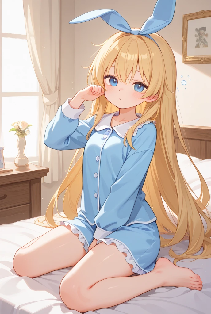 masterpiece, highest quality, High resolution，Anime Style、Blonde、Long Hair、blue eyes、pajamas