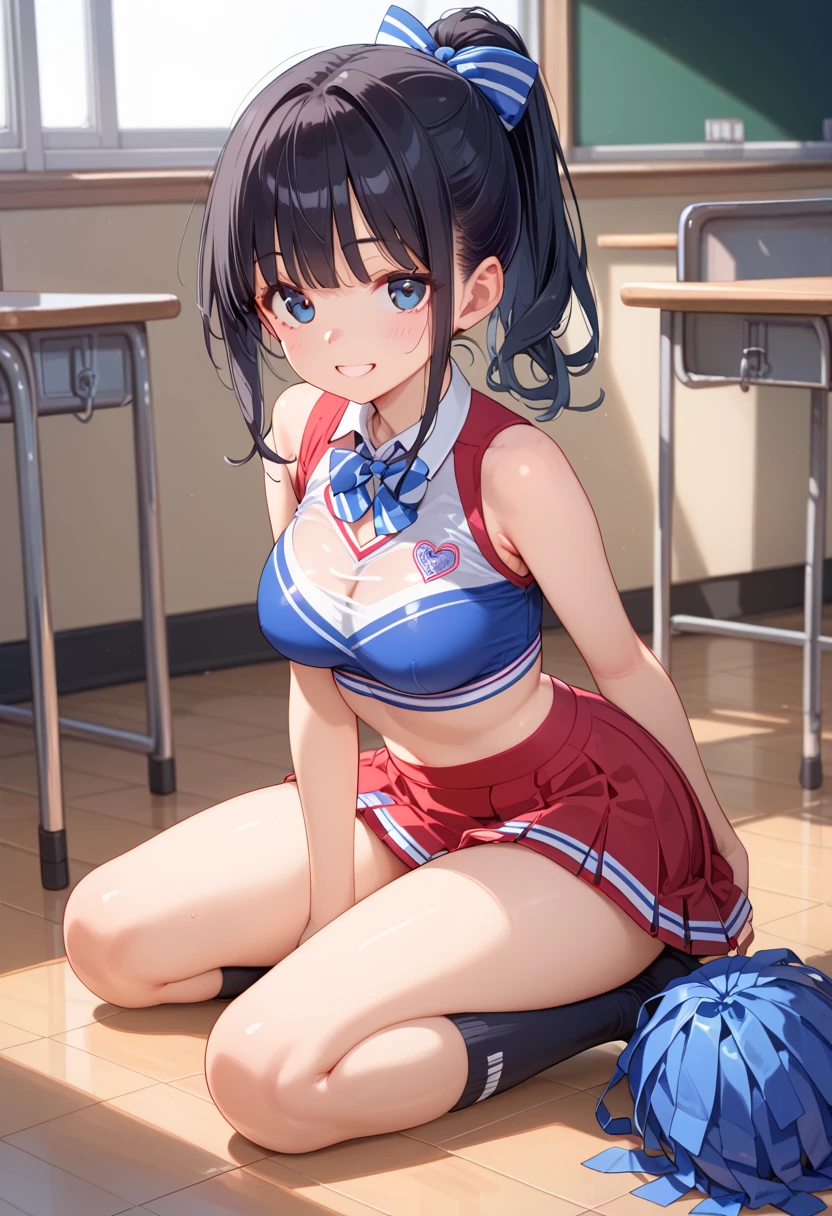 One girl, highest quality, Super detailed, masterpiece, Ultra-high resolution, 8k, Ridiculous, Cowboy Shooting, Focus on the girl, Embarrassing, blush, Lovely, Close one eye, With tears in her eyes and her mouth open, What saliva leaves behind, (arms behind head), (wariza), (sailor uniform), (cleavage out), (crop top navel), Sticky panties, White lace panties, Classroom Background, (Videl:1.2), The skirt is accidentally exposed,large breasts, Accidentally exposed panties, Absolute area, Black knee socks
