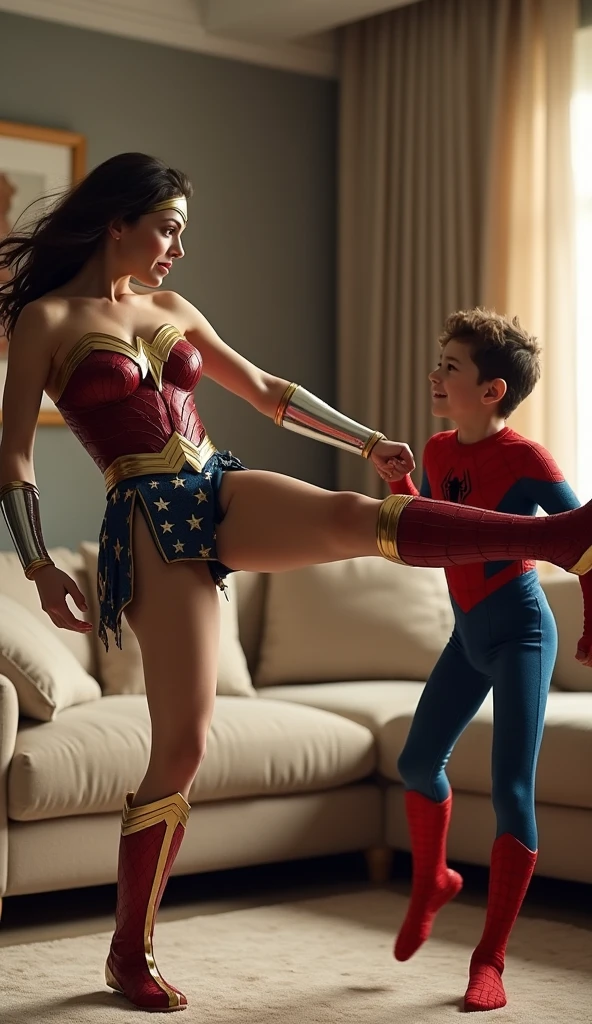 Image with two children, uma vestida com a camisa do batman e a outra com a camisa do superman, as duas duelando e cada uma segurando um sabre de luz. Ao fundo uma imagem clara com um castelo feito de cartas de baralho e na torre desse castelo um princesa, jogando confetes.