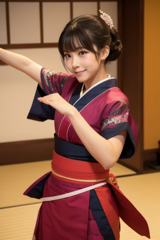 a japanese woman dancing, twintails, open mouth smile,bishouju