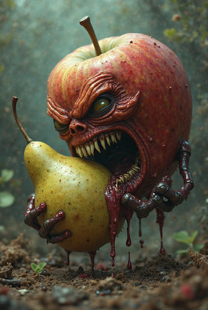 a creepy apple with a sewn on leather face baking out under the sun next to an apple tree, nightmare