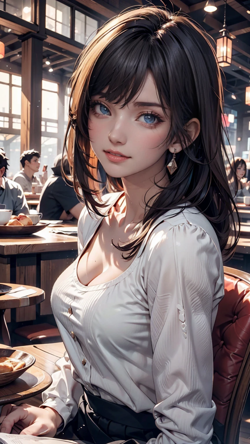 a young woman enjoying a morning set, beautiful detailed eyes, beautiful detailed lips, high quality, photorealistic, detailed food and cafe interior, natural lighting, warm color tones, soft focus, elegant aesthetic