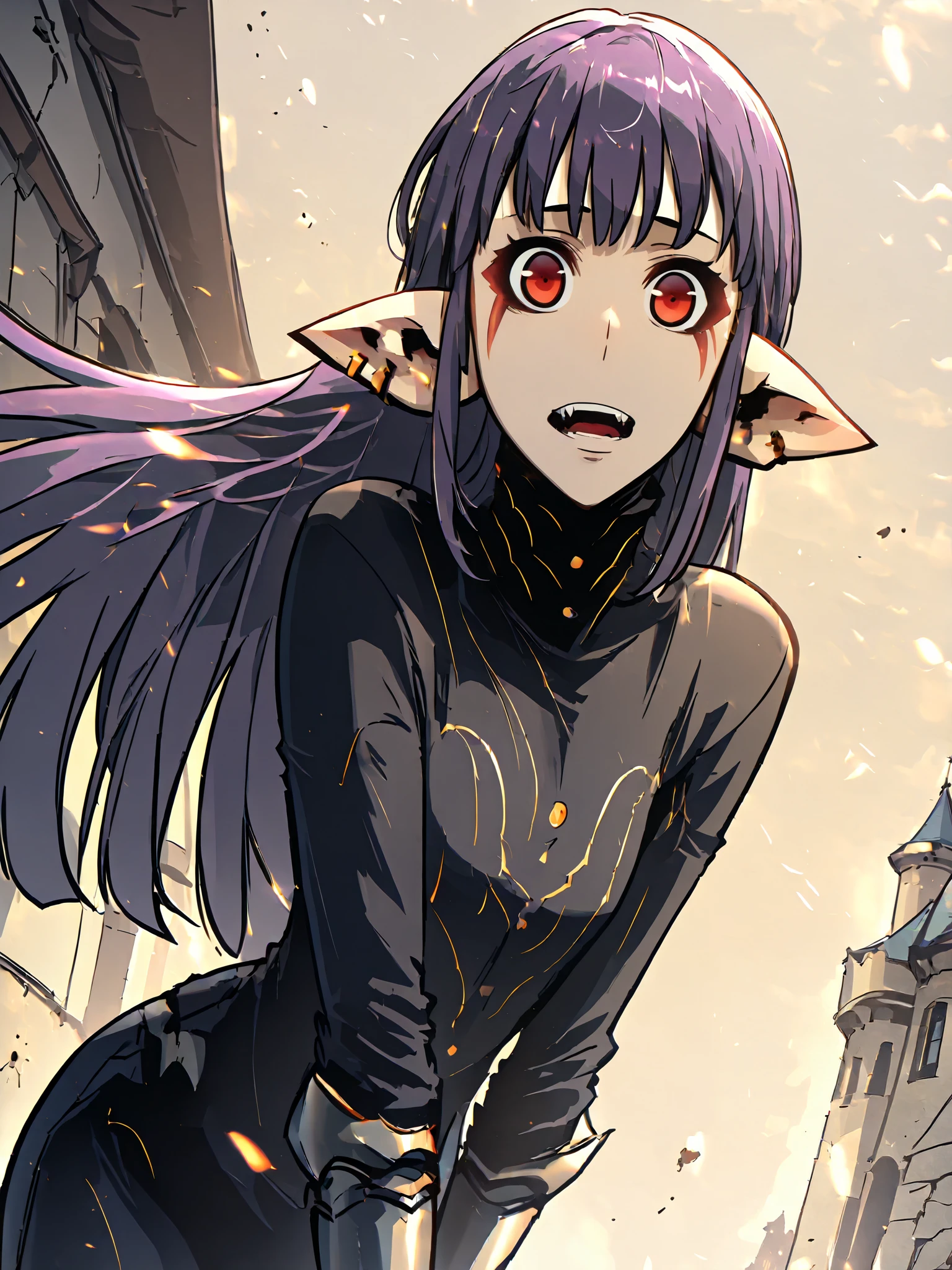 1girl, solo, esil radiru, plain black shirt, plain black pants, highly detailed eyes, expressive eyes, natural eye shape, iris with visible details, anatomically correct, super detailed, high details, intricate details, accurate, dynamic angle, dynamic poses, highres, absurdres, (masterpiece:1.5), (best quality:1.2), amazing quality, 4k, demon's castle