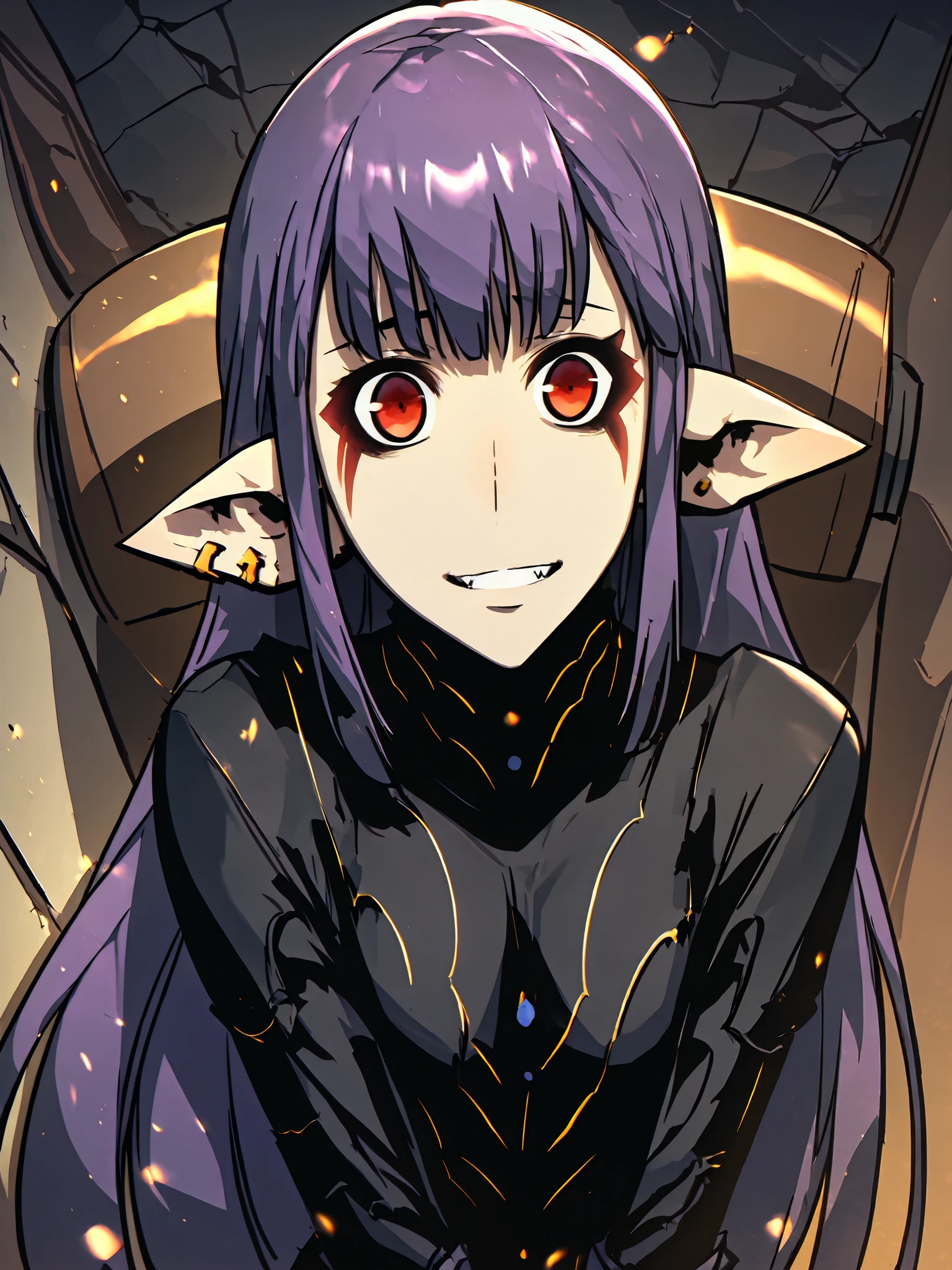 1girl, solo, esil radiru, plain black shirt, plain black pants, looking away from viewer, feeling shy, small smile, highly detailed eyes, expressive eyes, natural eye shape, iris with visible details, anatomically correct, super detailed, high details, intricate details, accurate, dynamic angle, dynamic poses, highres, absurdres, (masterpiece:1.5), (best quality:1.2), amazing quality, 4k, demon's castle
