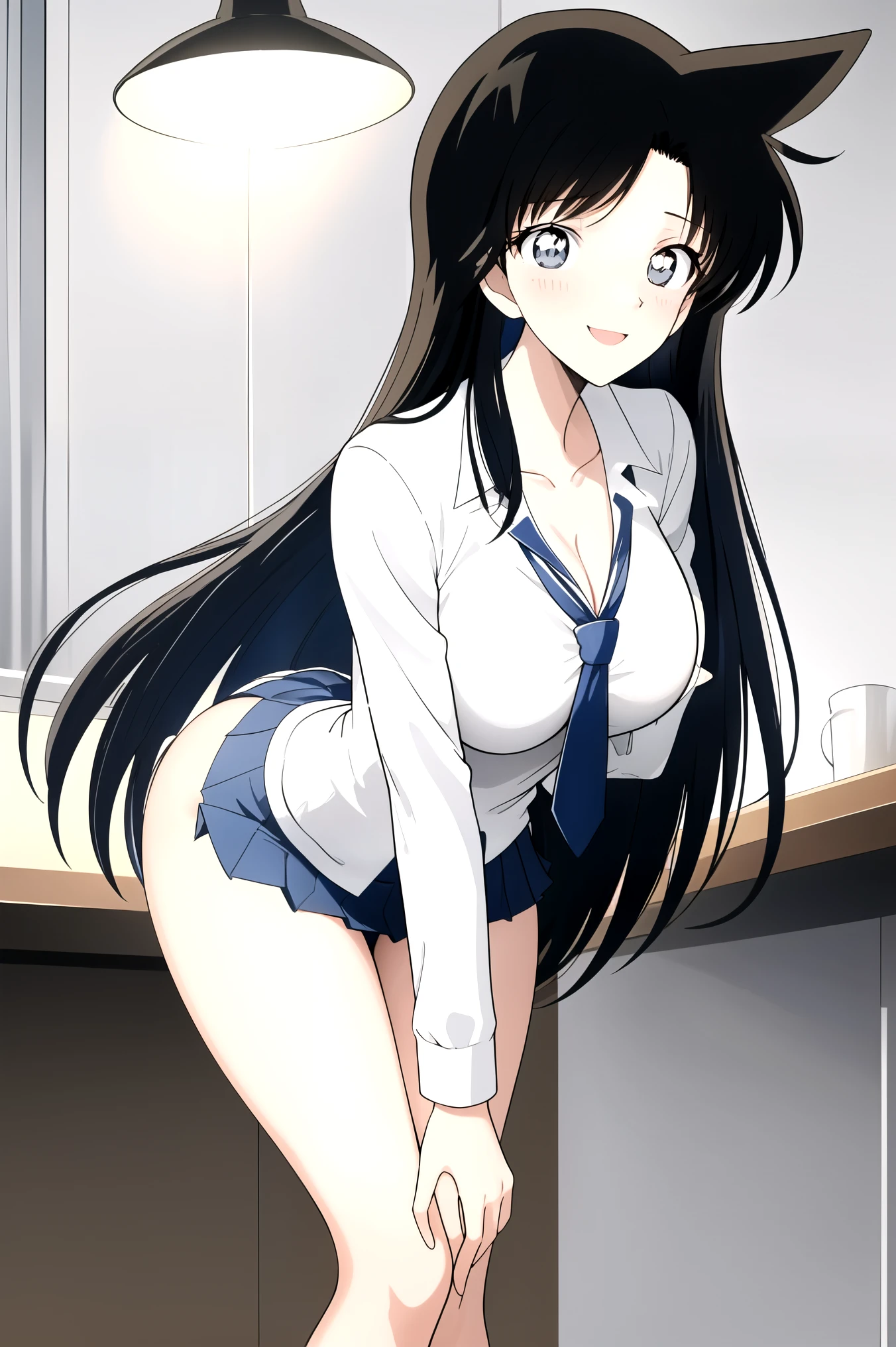 , 1990s\(  style\)、1990sアニメセル画 style、best quality、high definition、( big eyes:1.2)、1 girl、embarrassing、陽気なsmile、( Big Breasts:1.2)、、masterpiece、 best quality、( 1 girl:1.4)、masterpiece、best quality、high definition,smile, masterpiece, best quality,, (Mouri Ran's Hairstyle ),(((black hair, long hair, wave hair))), Alone, beautiful eyes and detailed face, ,((, smile:1.1)), (slender,busty), ((black hair, dark eyes:1.4)), ((1 girl, Alone)), ((school uniform, green tie, white blouse,blue blazer, blue jacket:1.2,Blue Pleated Skirt,super miniskirt)), (indoor,starry sky,light),bent over open legs,inside,Butt