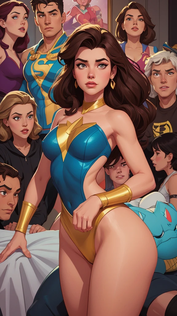 ((marvel comic cover)), young woman, from the front, low angle:1.4, 18yo, provocative position, medium breast, perfect body, narrow waist, wide hips, thigh gap, exposed vagina, nude:1.4, dynamic pose, no panties, rock and roll, glamour makeup, ultra realistic, 8k, high detail