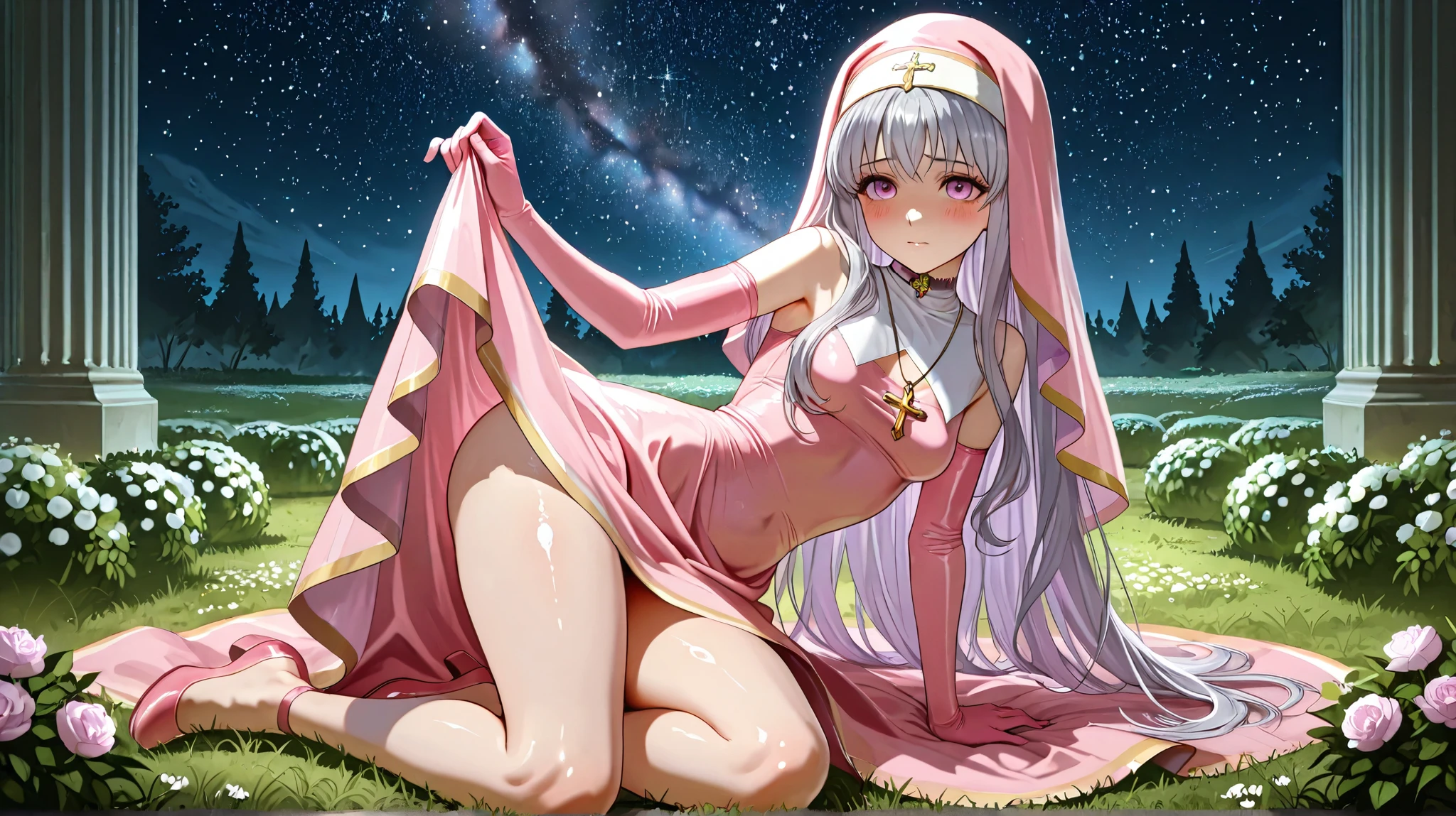 azmaria hendric (chrno crusade) a beautiful young girl in a white and pink nun costume dress with a hoodie and a cross necklace on her neck and chest, strands in front of a pinture covered wall, An emerald bed of grass is contoured by a garden of tangled hedges and beautiful flower bushes, With A Nice Handful Of Trees, looking at something in the distance, pink veil, pink gloves, pink shoes, starry sky, scary face, shaded face, wavy mid-back length grey hair that has chest-length hair strands hanging on either side, 1girl, solo, legs bent up, choker, blush, fit female, shiny skin, red wine eyes, small breasts, very long hair, bare shoulders, hair between eyes, full body, taut clothes, legs, eyelashes, eyeliner, eyelash, clothes lift, ufotable, A Luxurious House That Looks Like A Renaissance Castle, An emerald bed of grass is contoured by a garden of tangled hedges and beautiful flower bushes. With A Nice Handful Of Trees