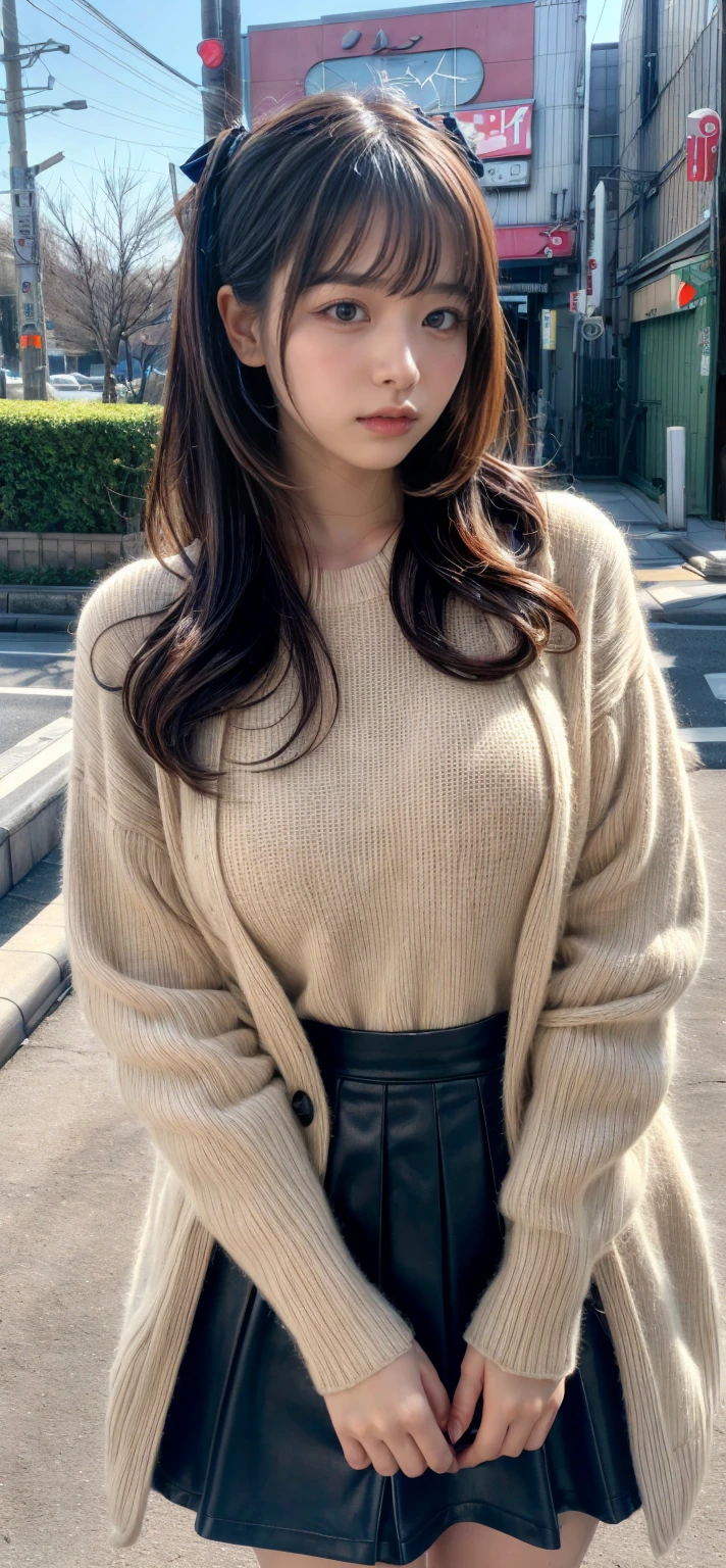 masterpiece, best quality, illustration, Super detailed, fine details, High resolution, 8K,wall paper, perfect dynamic composition,(Details High quality, realistic depiction of eyes:1.3),(Fleece jacket, turtleneck sweater, pleated skirt:1.2), long straight hair, black hair color, Big Natural Color Lip, crying a little、Harajuku style、20 year old girl、cute type、lolita、beautiful legs, hotel room, Gravure Idol, Voluptuous thighs