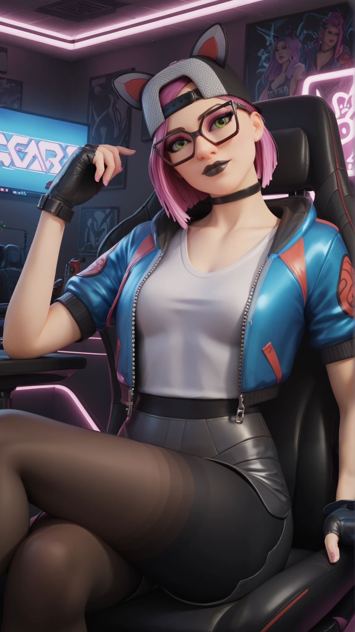 girl (masterpiece),choker,black lips,black cap,fingerless gloves,evening (only)loose Dark gray V-neck t-shirt, blue jacket (black leather shorts with withe leggings),video games,gamer room,with neon light,beautiful green eyes,short pink hair,glasses,sitting in a gaming chair, legs crossed ,dynamic pose,black Futuristic room, neon light