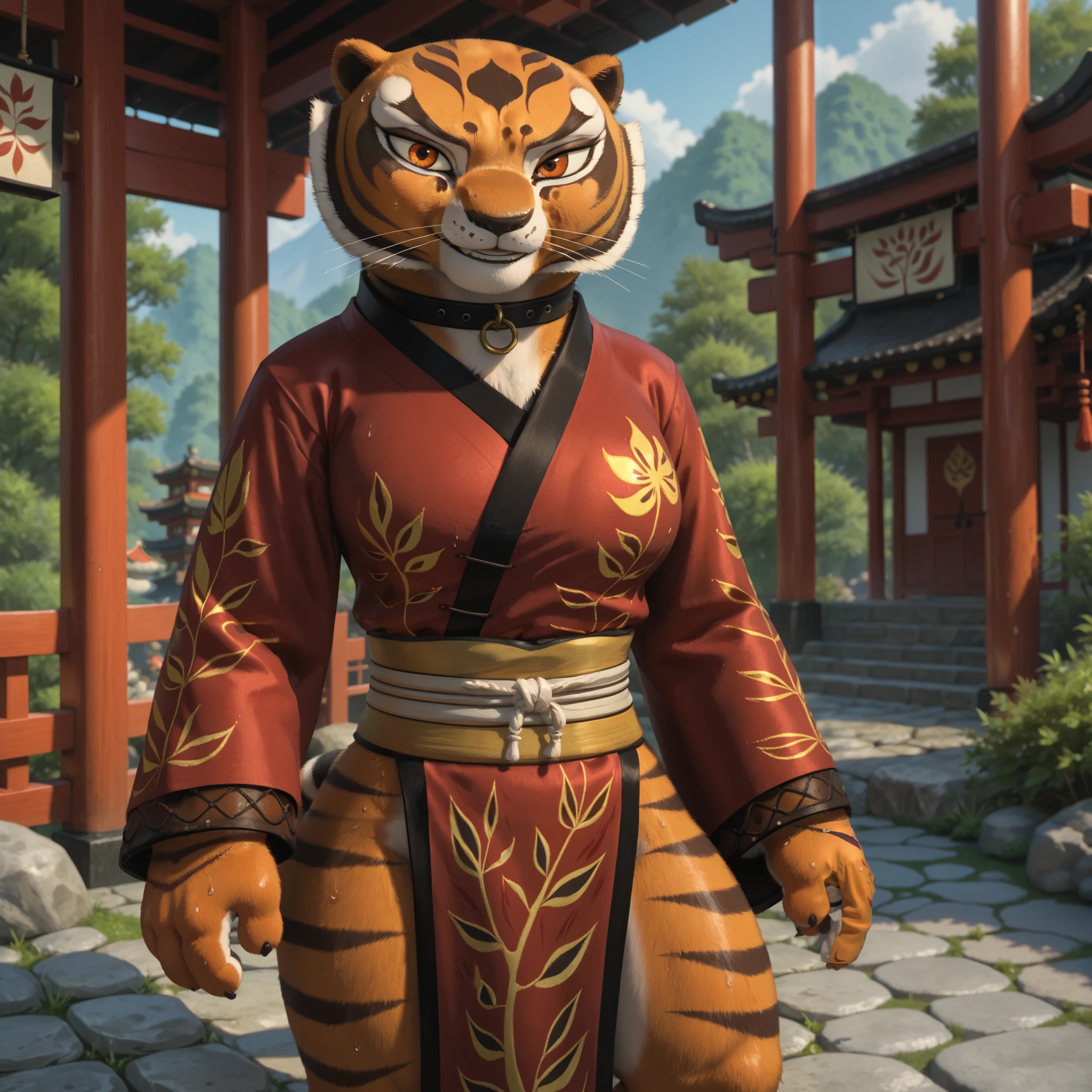 score_9, score_8_up, score_7_up, source_anime, source_furry, (beautiful, detailed background, digital artwork, digital art, well shaded artwork, depth, detailed artwork)1.2, 1girl, female, furry, anthro, Master tigress (Kung fu panda), Anthro tiger, detailed fluffy fur, bald, large expressive eyes, (detailed orange eyes, black pupils)1.2, goth girl, heavy eye makeup, black eyeliner, black mascara, black lipstick, massive breasts, heavy breasts, bulging breasts, natural breasts, wide hips, thick thighs, standing, arched back, super massive ass, bubble butt, shelf-like bubble butt, closeup++, facing viewer, shrine setting, naked, big black collar, sweat, smirking, japanese shrine maiden, traditional japanese clothes, red and white clothes, tiny waist