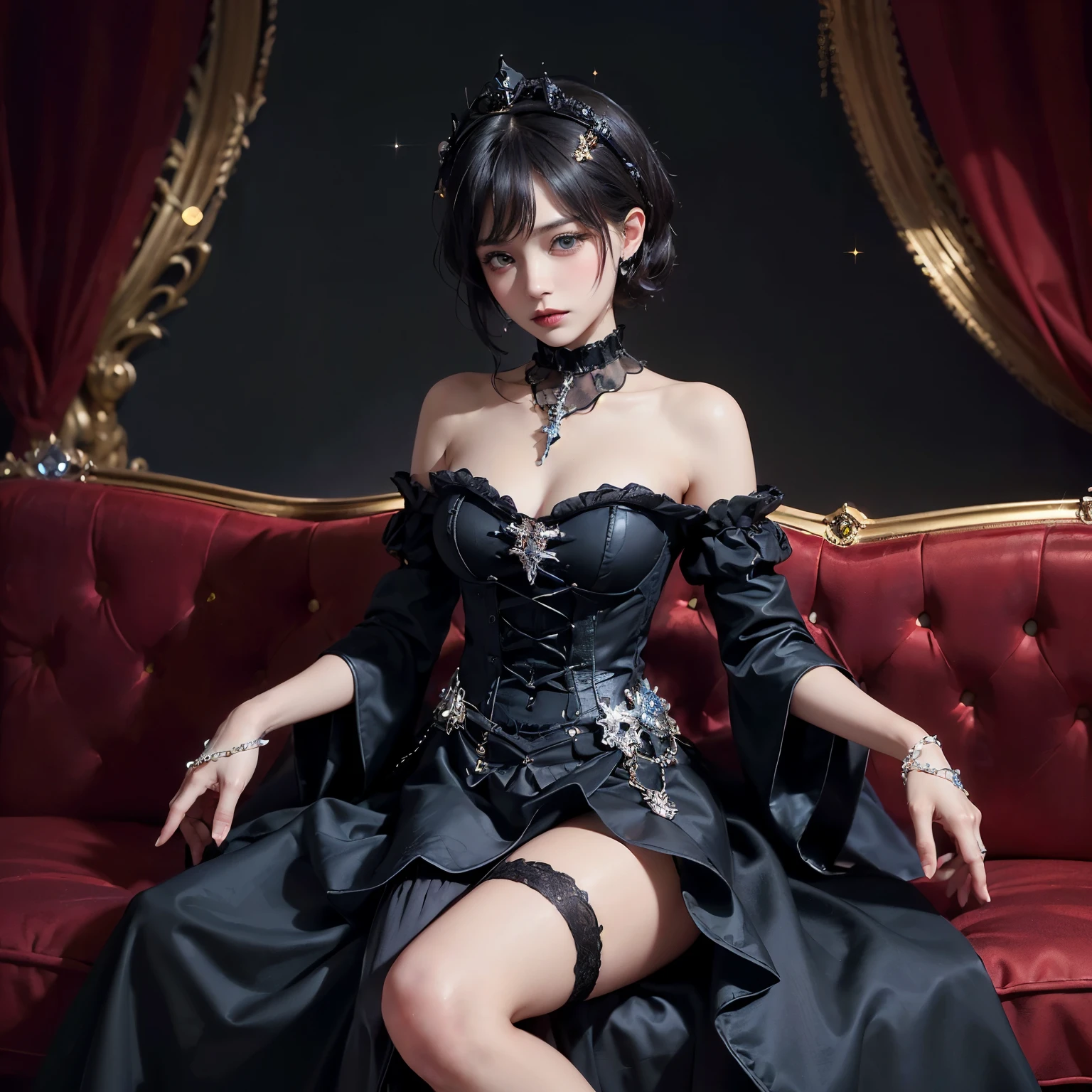 (((Top Quality, 16K, Masterpiece: 1.3))), (16-year-old girls only: 1.4)), (Perfect photo from the waist up), (Short bob layered hairstyle, black hair, with bangs)), Thin black lace choker, black off-shoulder dress with lace and ruffles, (Realistic texture of face and skin)), Skin gloss, Skin highlights, (Highly detailed eyes, sharp pupils, realistic pupils, sharp focus, very large eyes, very long eyes, wet pupils)), slightly distant eyes, small hanging eyes, double eyelids, very long eyelashes, very small and very thin nose, very small mouth, very thin upper lip, thin chin, slightly long neck, very thin waist, small buttocks, thin and long legs, small beautiful breasts directed upwards, gentle gaze staring into the distance, A room with black gothic design with very dark dramatic lighting, black wallpaper and gold decorations.