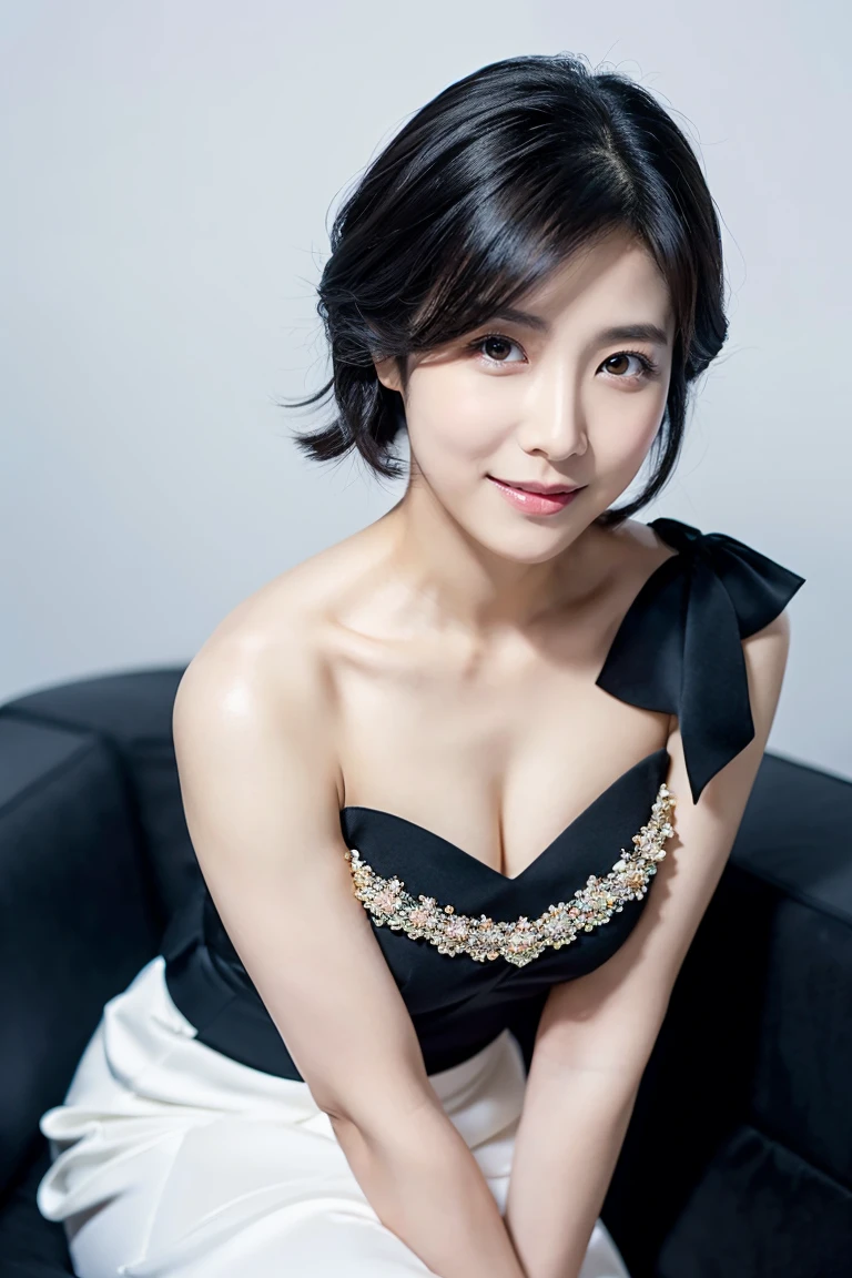 179 Short hair, 20 year old female, gentle smile, (abstract background:1.46), (chest:1.2)

