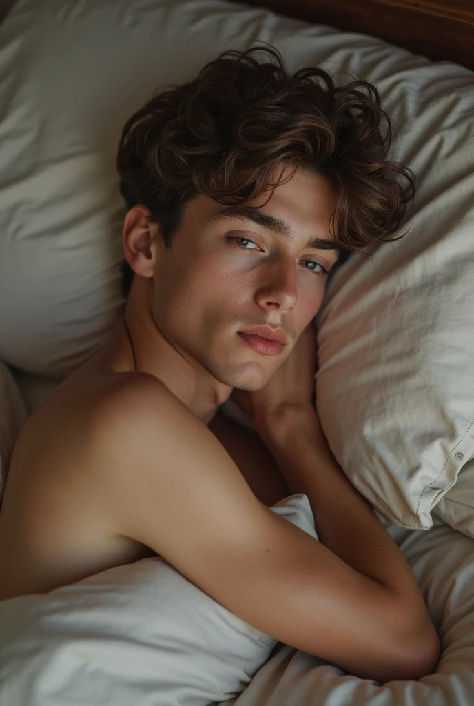 a 19 year old boy sleepT in his bed in the morning,CLOSE UP the room is a cool white color, beautiful detailed eyes, beautiful detailed lips, extremely detailed eyes and face, long eyelashes, boy sleeping on his side, covers on the bed, sunlight streaming through the window, soft lighting, peaceful expression, serene, photorealistic, 8k, high resolution, hyper detailed, realistic, cinematic lighting, dramatic shadows, warm tone