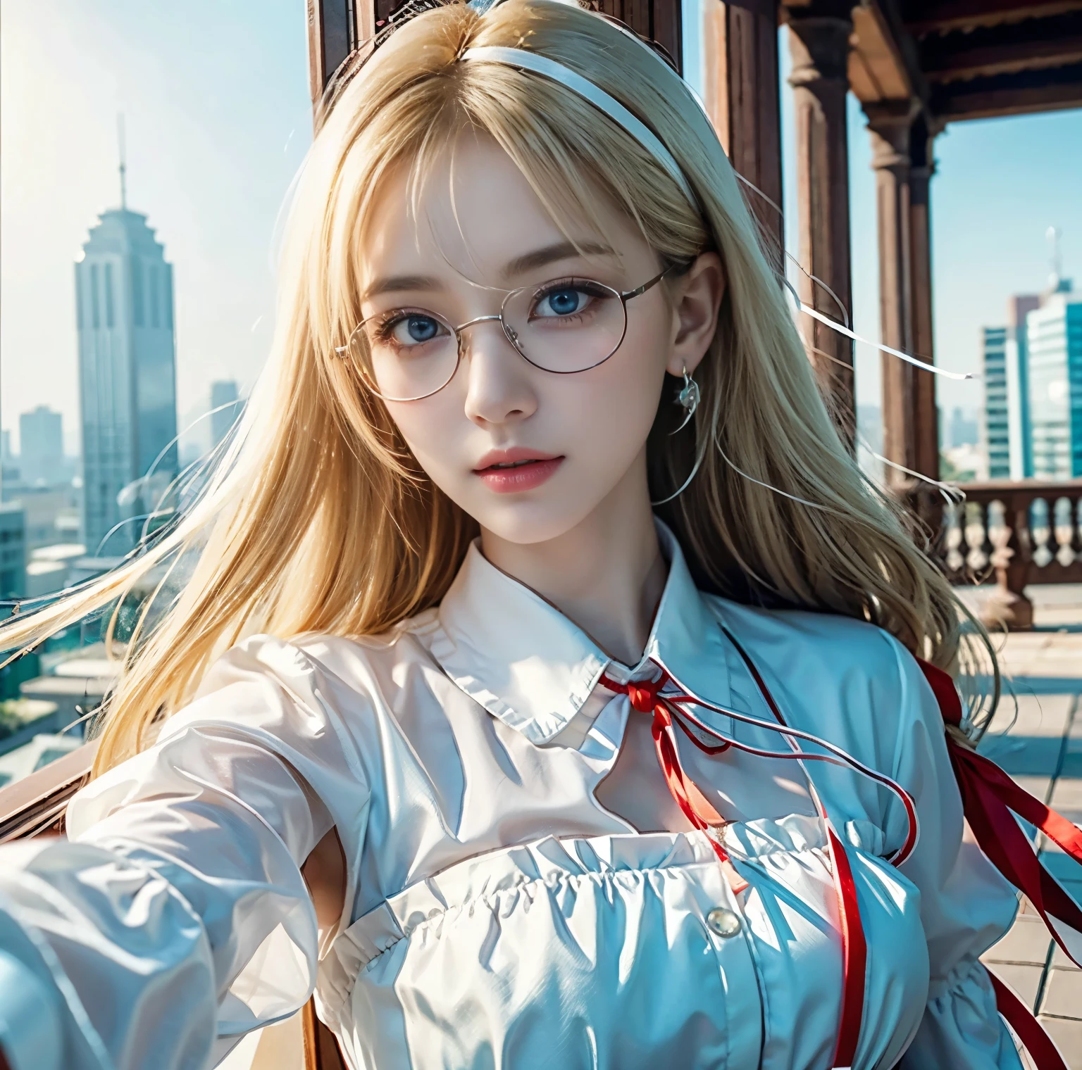 8K quality, pictures, Two beautiful men and beautiful women, Beautiful like a goddess, people are hazy at the Great Library, above chest shot at the ruins, (White blouse with red thin string ribbon tie:1.2), (Fine silver glasses), (Sparkling, beautiful light blue eyes and blond hair:1.2), Hair flying in the wind, Whitening skin like white porcelain, Half Up with Bangs, On the roof, extremely beautiful eyes, real,
