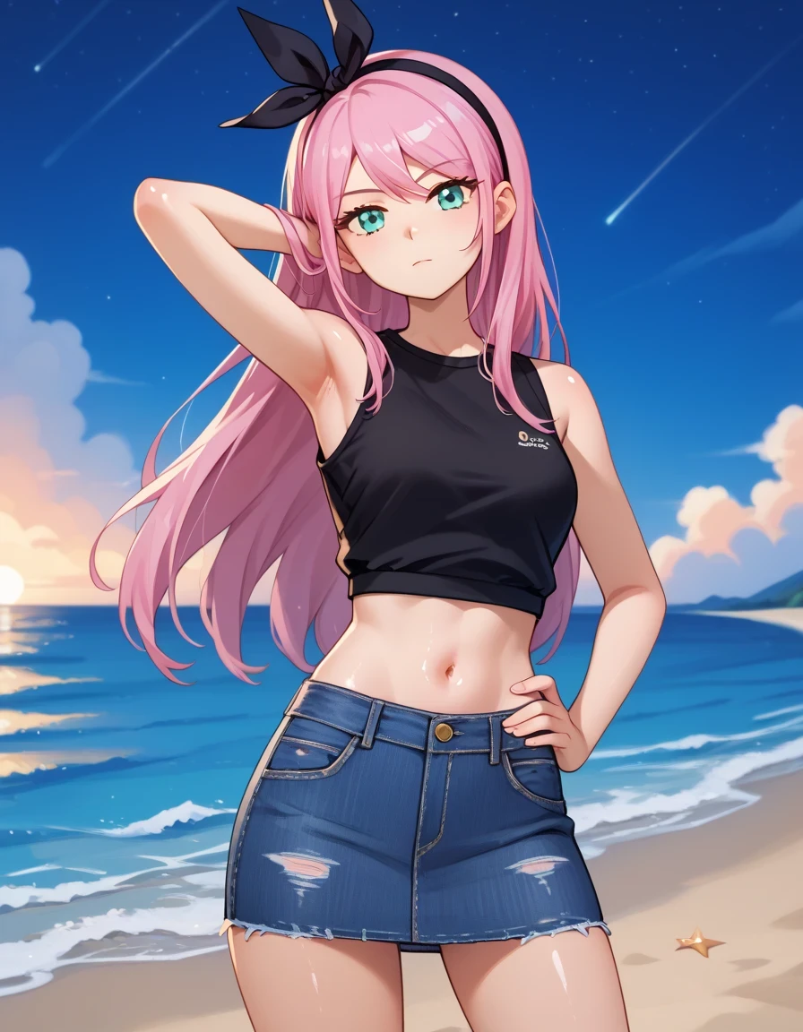 aubreyomori, aqua eyes, pink hair, hairband, long hair, black shirt, sleeveless, navel, midriff, denim skirt, shiny skin, high quality, solo, night sky, beach, hand behind head, hand on hip, ((contrapposto)), closed mouth, three-quarter portrait, looking at viewer, expressionless, best quality