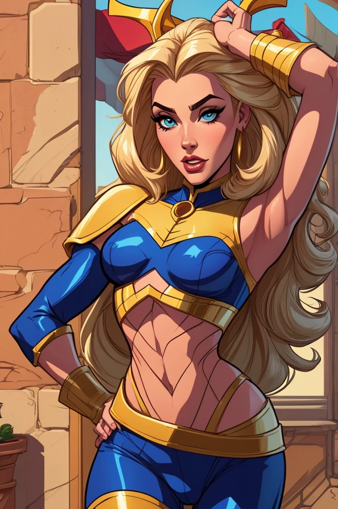 Yvonne Strahovski style Cartoon style digital illustration colorful background diverse attractive woman sesy medium breasts beautiful witch clothes in symmetrical, Female girlfriends pose with beautiful breasts in Cartoon style digital illustration