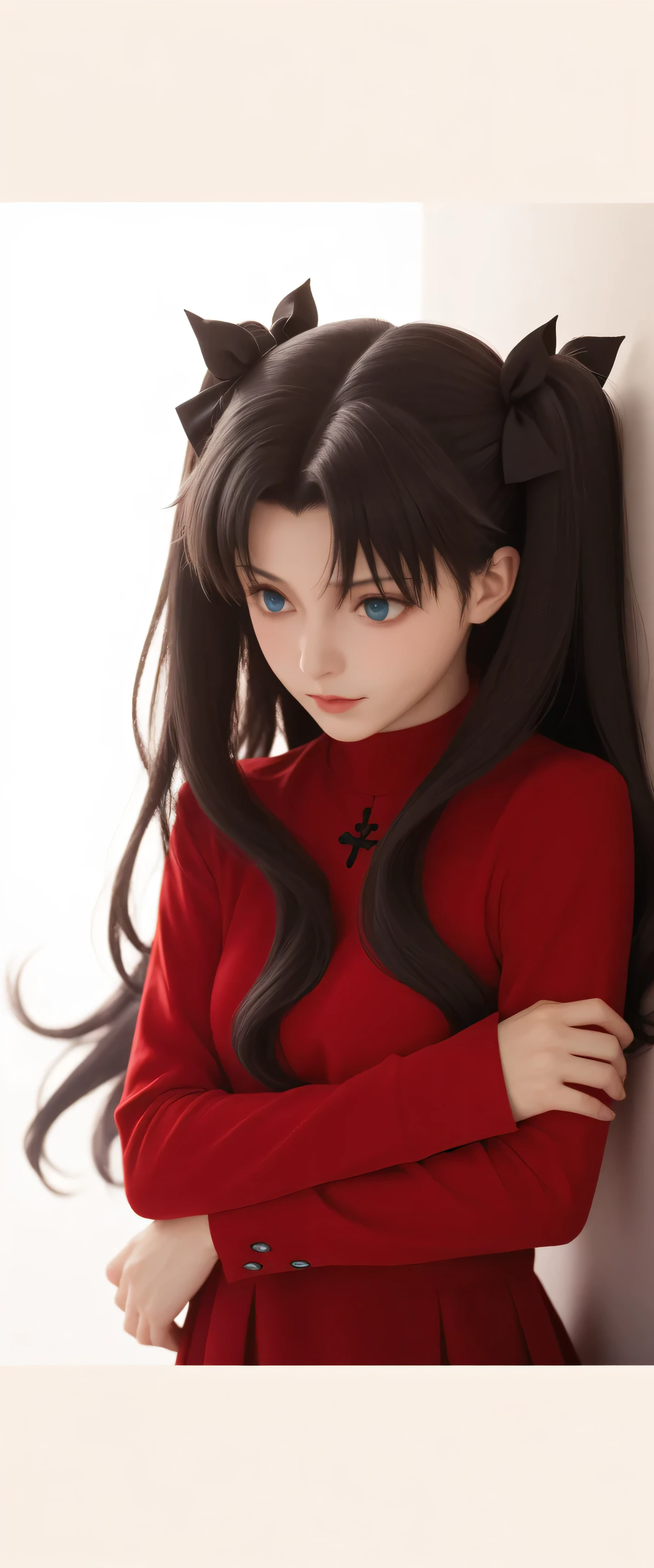 Beautiful girl with long hair and a red shirt leaning against a wall, rin tohsaka,like fate/stay night