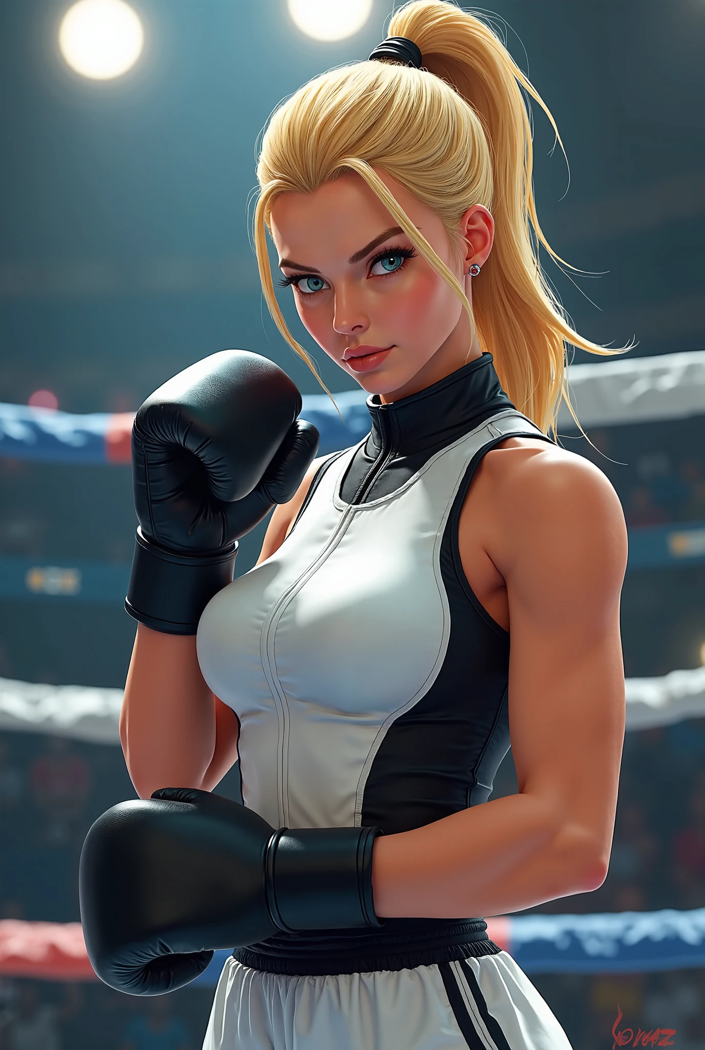 (best quality, 4k, 8k, highres, masterpiece:1.2), ultra-detailed, detailed face, detailed lips and eyes, expressive face, realistic, BREAK, Valerie the Thief beautiful caucasian woman with messy wavy shoulder length blonde hair, attractive appearance, 23 years old, (big eyes), (brown eyes:1.3), brown eyebrows, fair skin, lean and athletic, BREAK, leather choker, sweating, BREAK, 1girl, Valerie the Thief engaged in a boxing match while wearing boxing attire. Dress her in the appropriate boxing gear including boxing gloves shorts and a sports bra or tank top. Additionally add a stylish bow tie to her hair. She should be shown in an action pose showcasing her determination and skill in the boxing ring. Ensure that the image conveys her confidence and intensity as a boxer with focused facial expressions and dynamic body language. The background can be a boxing ring or a gym adding to the realism and excitement of the scene. This image should convey her newfound passion for boxing.