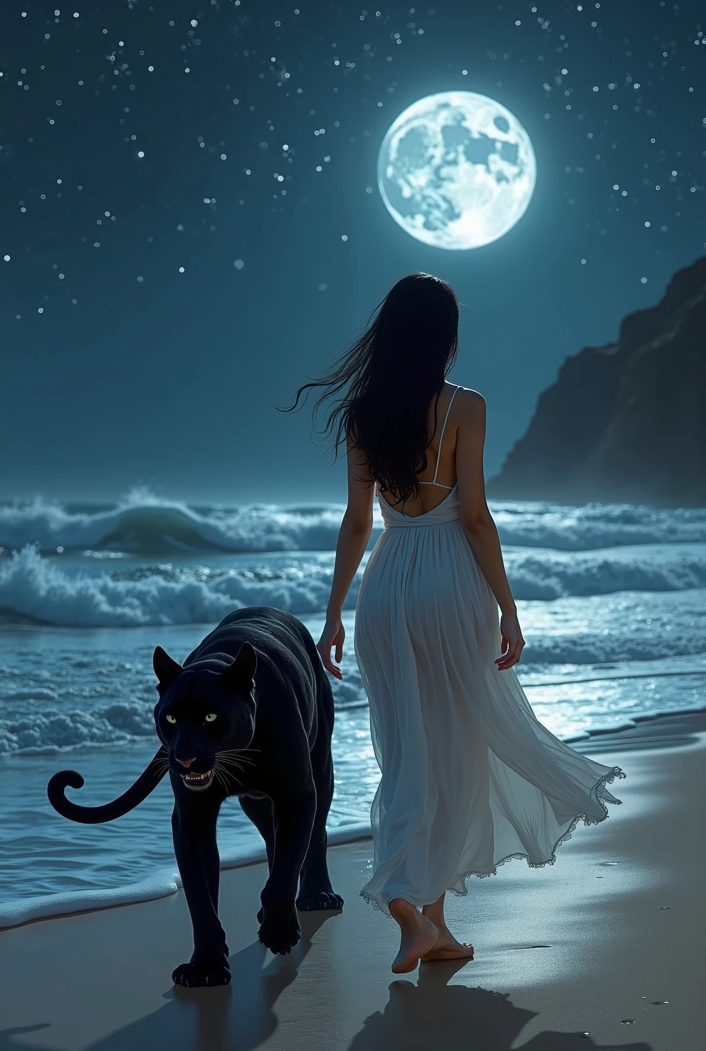 A giant cat stalks and eats a bikini clad woman, beach by moonlight, horror, at plays with prey
