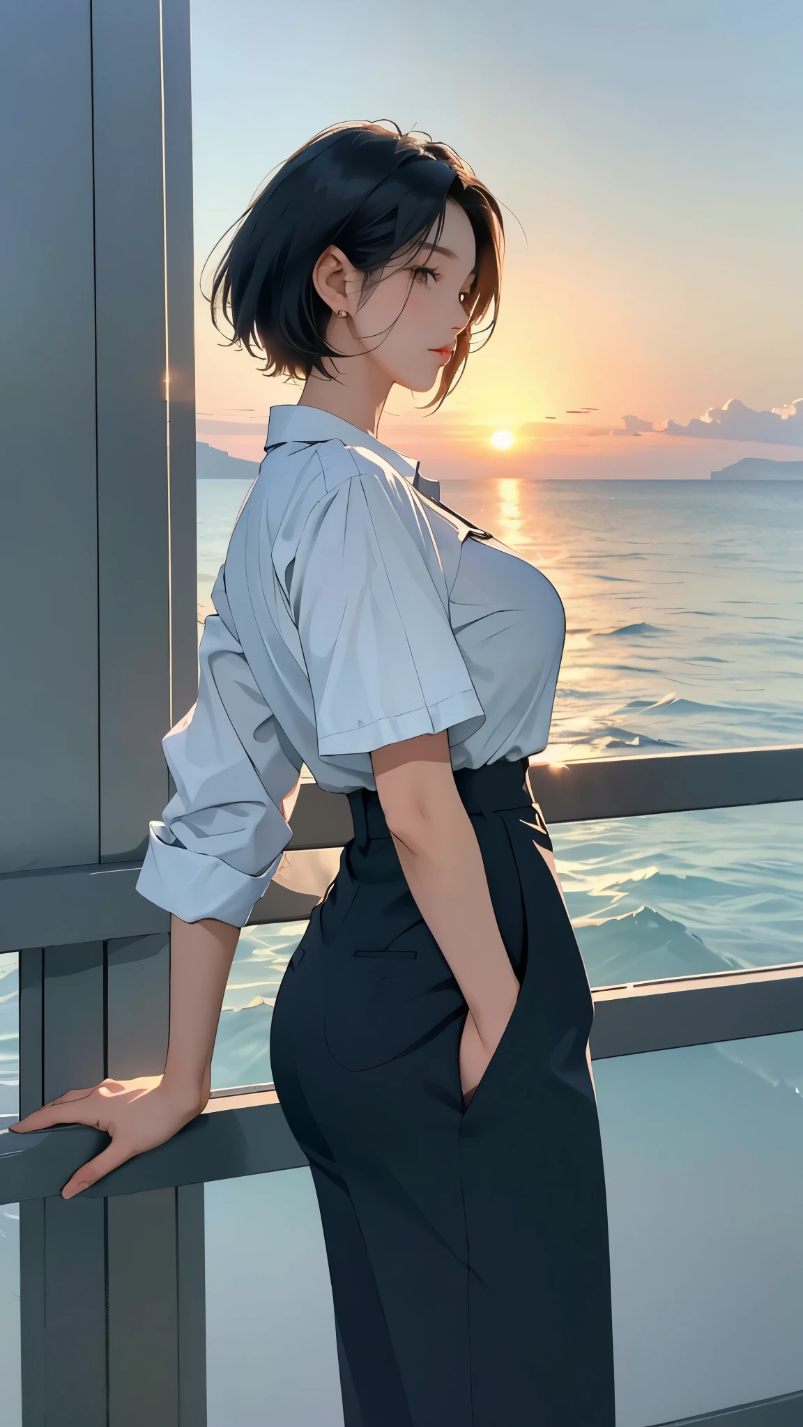 (best quality, masterpiece:1.2), A beautiful Korean woman with a glamorous figure, (huge breasts), neat short hair, seen from the side, wearing dress pants and a white button-up shirt, stands by the sea under the evening sunset