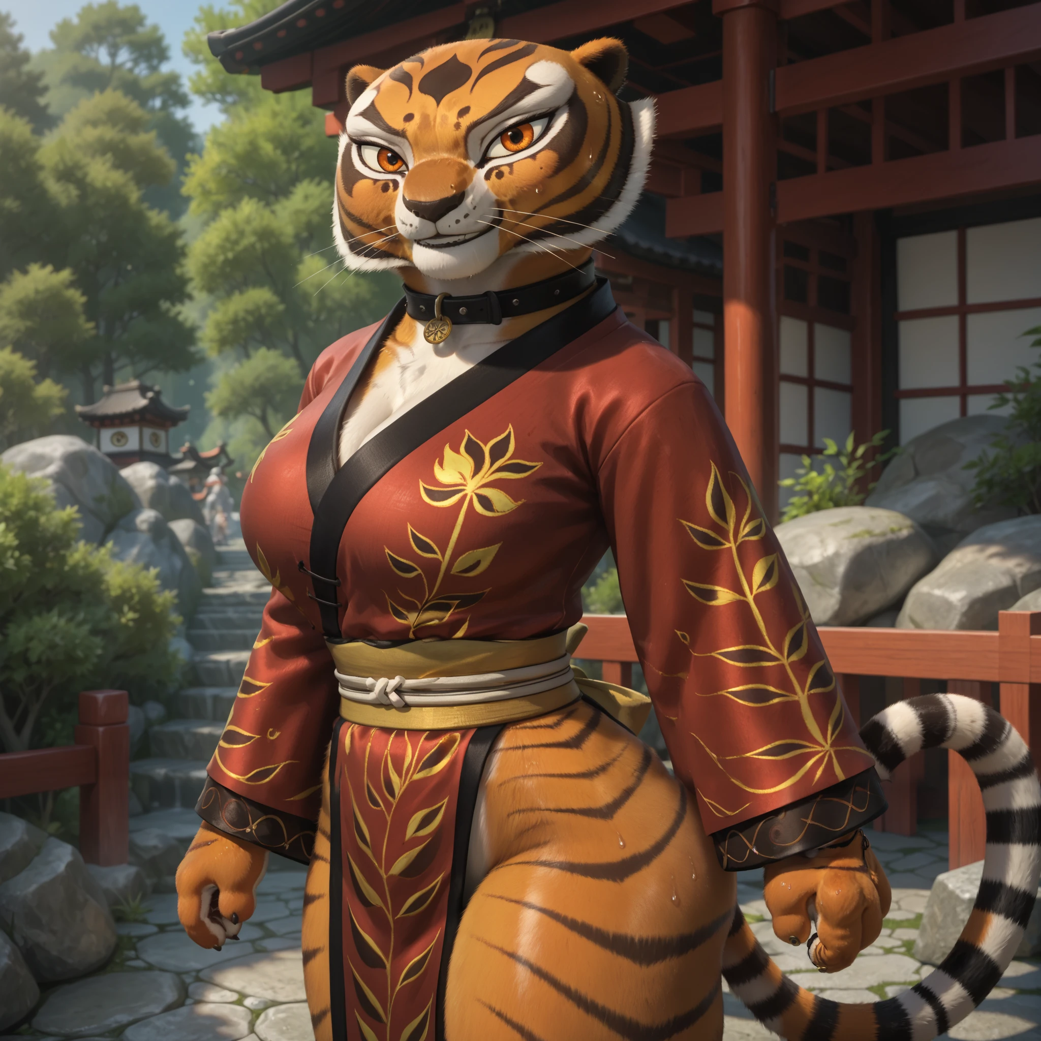 score_9, score_8_up, score_7_up, source_anime, source_furry, (beautiful, detailed background, digital artwork, digital art, well shaded artwork, depth, detailed artwork)1.2, 1girl, female, furry, anthro, Master tigress (Kung fu panda), Anthro tiger, detailed fluffy fur, bald, large expressive eyes, (detailed orange eyes, black pupils)1.2, goth girl, heavy eye makeup, black eyeliner, black mascara, black lipstick, massive breasts, heavy breasts, bulging breasts, natural breasts, wide hips, thick thighs, standing, arched back, super massive ass, bubble butt, shelf-like bubble butt, closeup++, facing viewer, shrine setting, naked, big black collar, sweat, smirking, japanese shrine maiden, traditional japanese clothes, yukata, tiny waist