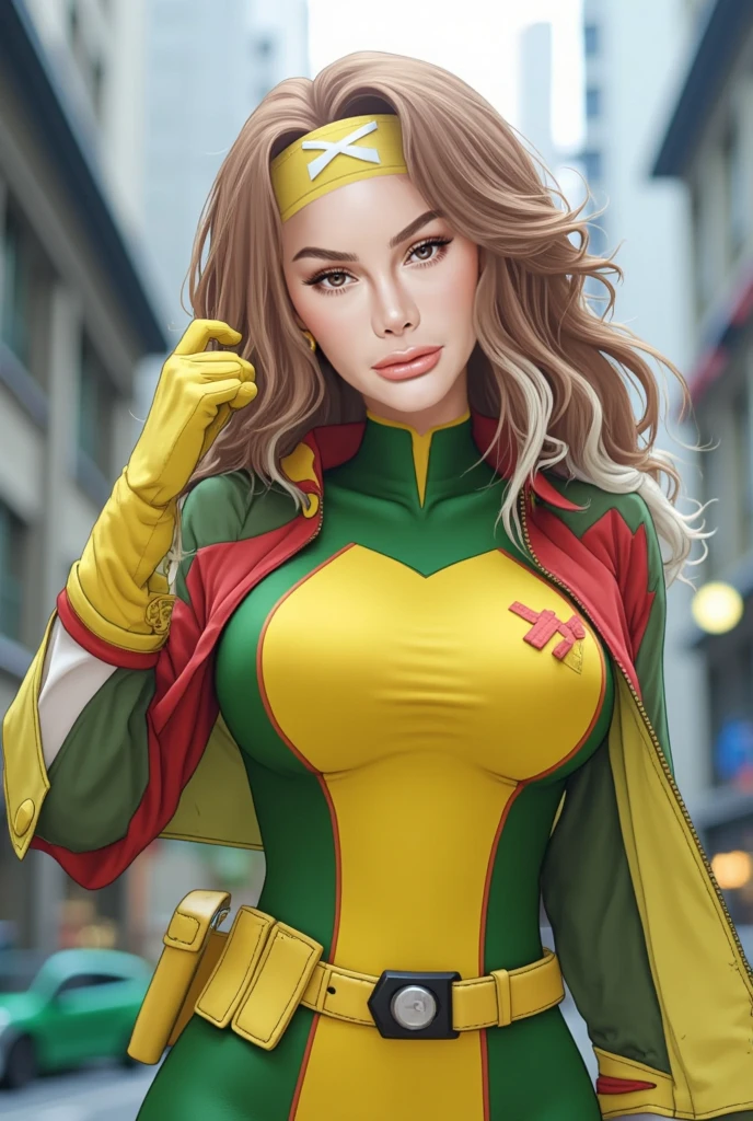 boa anatomia, master part, best quality, Bokeh, profundidade de campo, Altas, alta qualidade, 1girl,
Cartoon_x_enquanto_Velhaco,ownwaifu,
cabelos longos,seios,brown hair,olhos verdes,batom,maquiagem,lips,cabelos brancos,Cabelos em dois tons,headband,cabelos ondulados,seios grandes,messy hair,curly hair,Big_Hair, seios enormes,
Bodysuit amarelo,suit jacket,Luvas,belt,luvas amarelas,Bodysuit verde,Bodysuit,Bodysuit multicolorido,Superheroíne, Pele apertada,roupas multicoloridas,