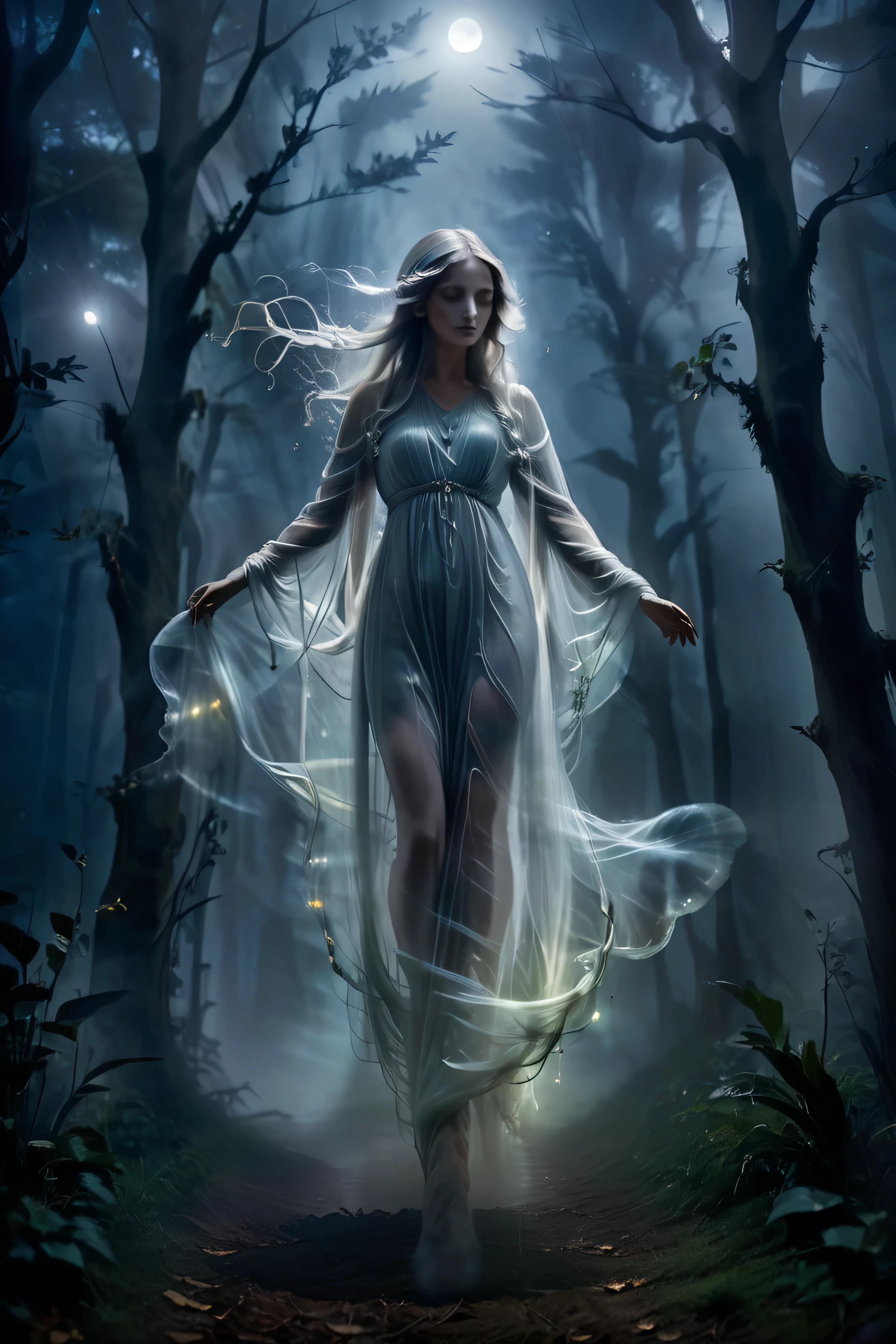 (masterpiece), (8k), (best quality), (sublime), a Ghost, haunting, ethereal, fey, a celestial organism, liminal, death, alive again, wispy, transparent, sentient, pale, arms up, feminine, body stretched elongated bending and poised, silvery smoke, wispy strands of moon silver, translucent silk, opalescent sky, elongated, poise, exuding enchanting glow, emanating an aura, delicacy, youth, moonlight, night, pure magic, in a dark foggy enchanted Forest (celestial), (lighting), (evocative), (surreal), (unreal), (strange)