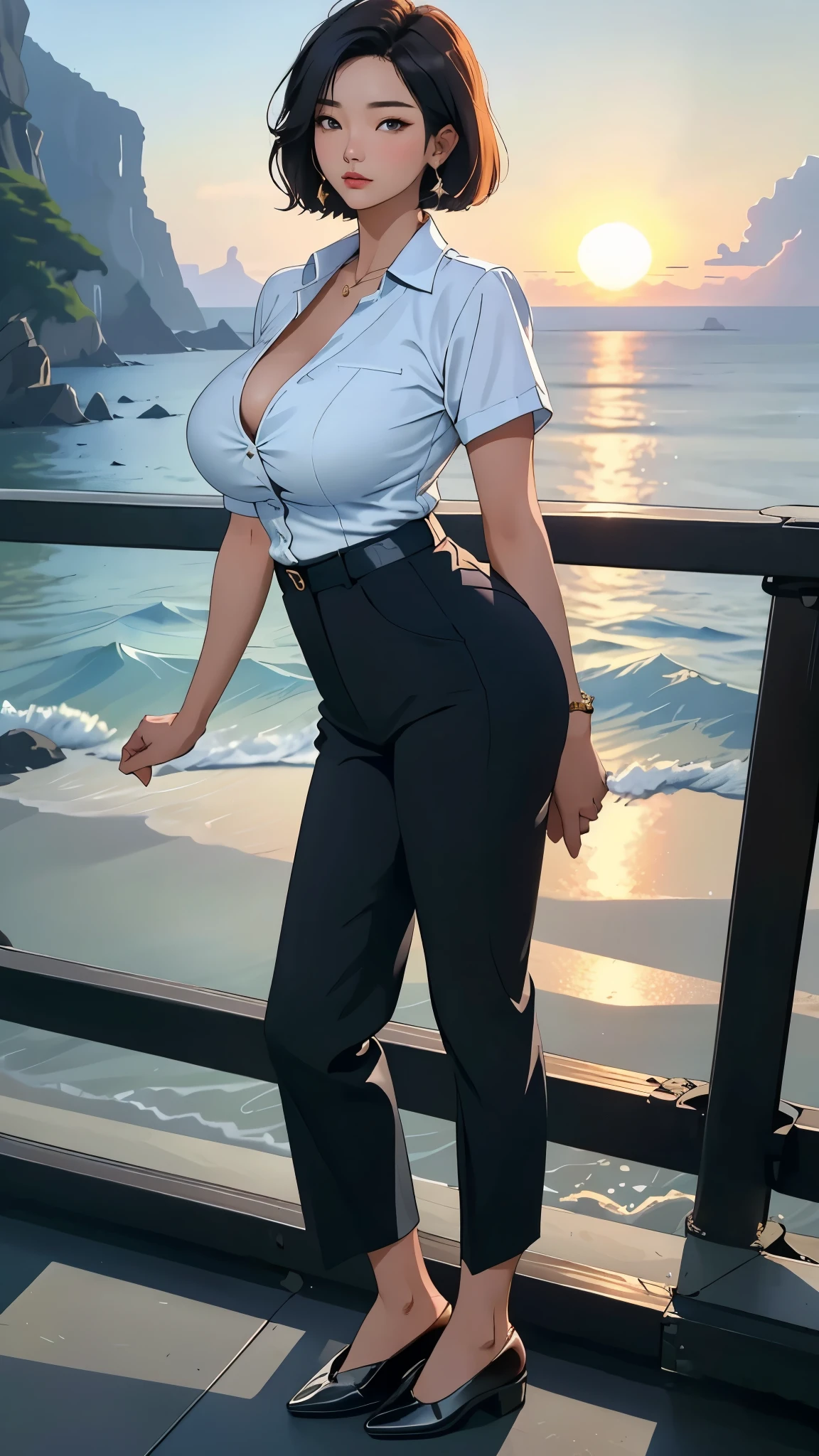 (best quality, masterpiece:1.2), A beautiful Korean woman with a glamorous figure, (huge breasts), neat short hair, seen from the side, wearing dress pants and a white button-up shirt, stands by the sea under the evening sunset