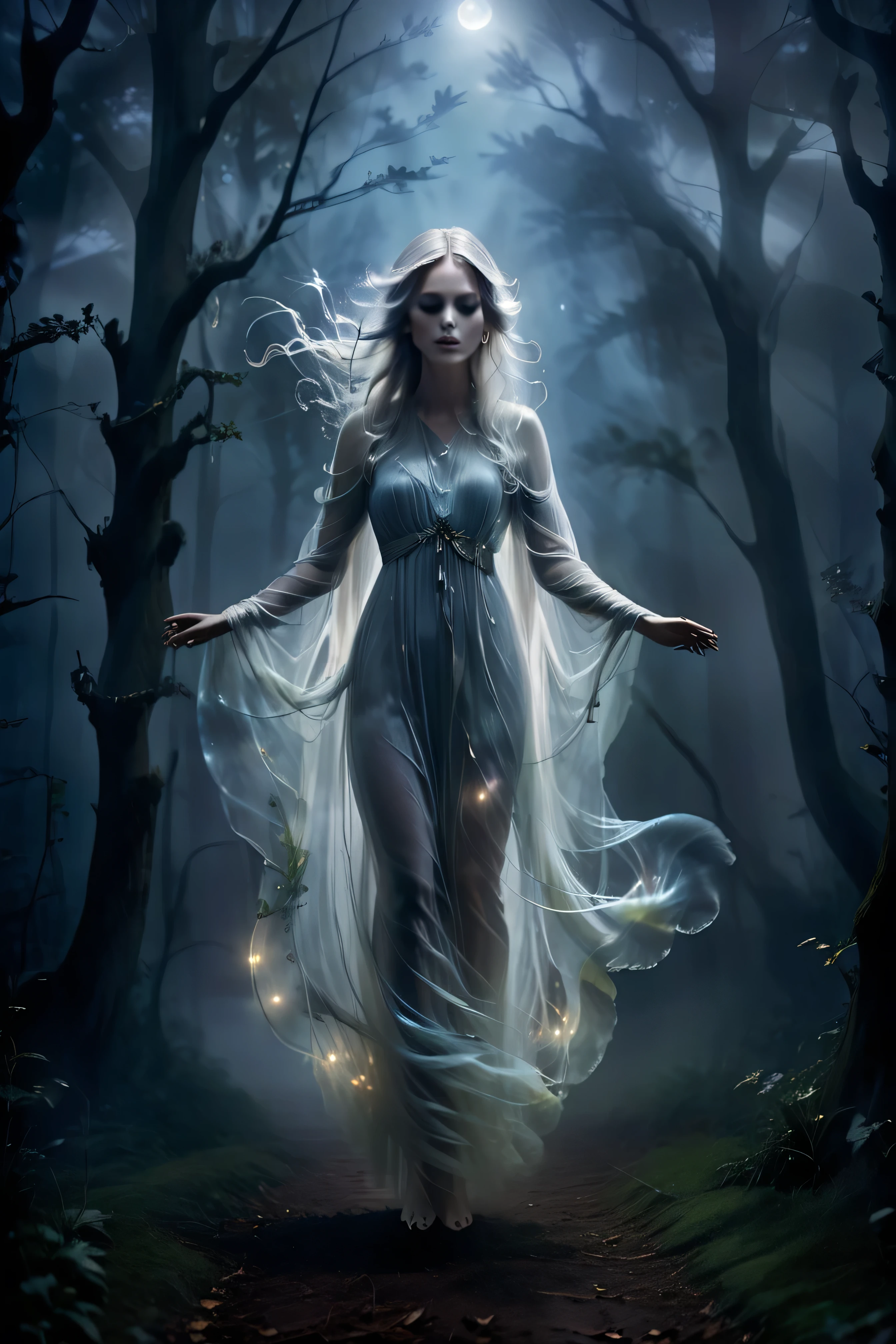(masterpiece), (8k), (best quality), (sublime), a Ghost, haunting, ethereal, fey, a celestial organism, liminal, death, alive again, wispy, transparent, sentient, pale, arms up, feminine, body stretched elongated bending and poised, silvery smoke, wispy strands of moon silver, translucent silk, opalescent sky, elongated, poise, exuding enchanting glow, emanating an aura, delicacy, youth, moonlight, night, pure magic, in a dark foggy enchanted Forest (celestial), (lighting), (evocative), (surreal), (unreal), (strange)