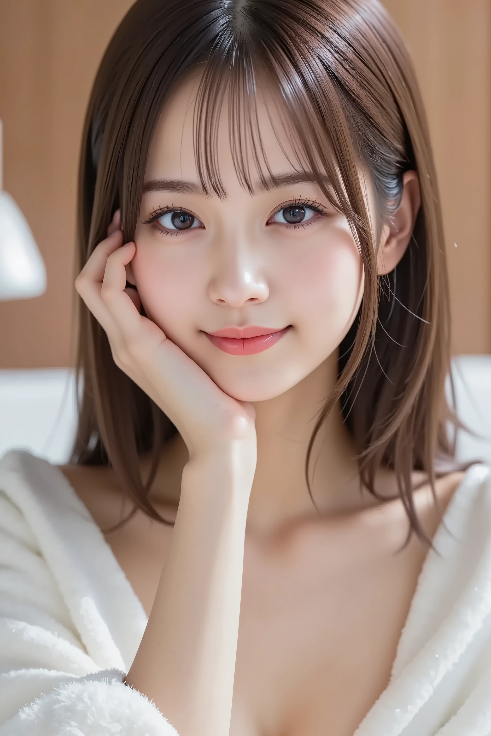 The face is positioned exactly in the center of the image , , the entire head is fully reflected , Face clearly visible、bathrobe, shower head and shower stall, wet long hair、bungs, smile, young and cute japanese face , Official Art, high image quality CG Unity 8k wallpaper,Ultra high image quality , is very well detailed, high image quality , film grain , lens flare glow , top quality ,8k, The entire head is fully reflected as a portrait shot ,8k, viewer , masterpiece,top quality ,is very well detailed, it's cute ,sexy,is very well detailedな,detailware features ,beautiful, illustration , beautiful Japanese woman, ladies 1 , Tight Chest