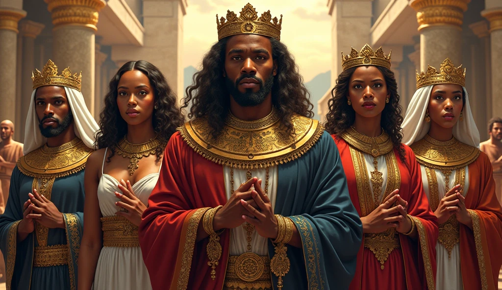 Great African king surrounded by his 4 beautiful queens in a surealist dec
