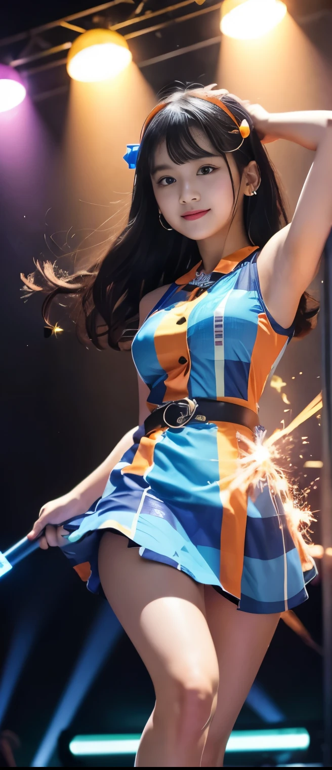 pure idol girl、A pure girl's face、 hypo、Dark Blue and Orange Retro Checker Mini Dress、Spark belt 、Glowing Sparks Stick