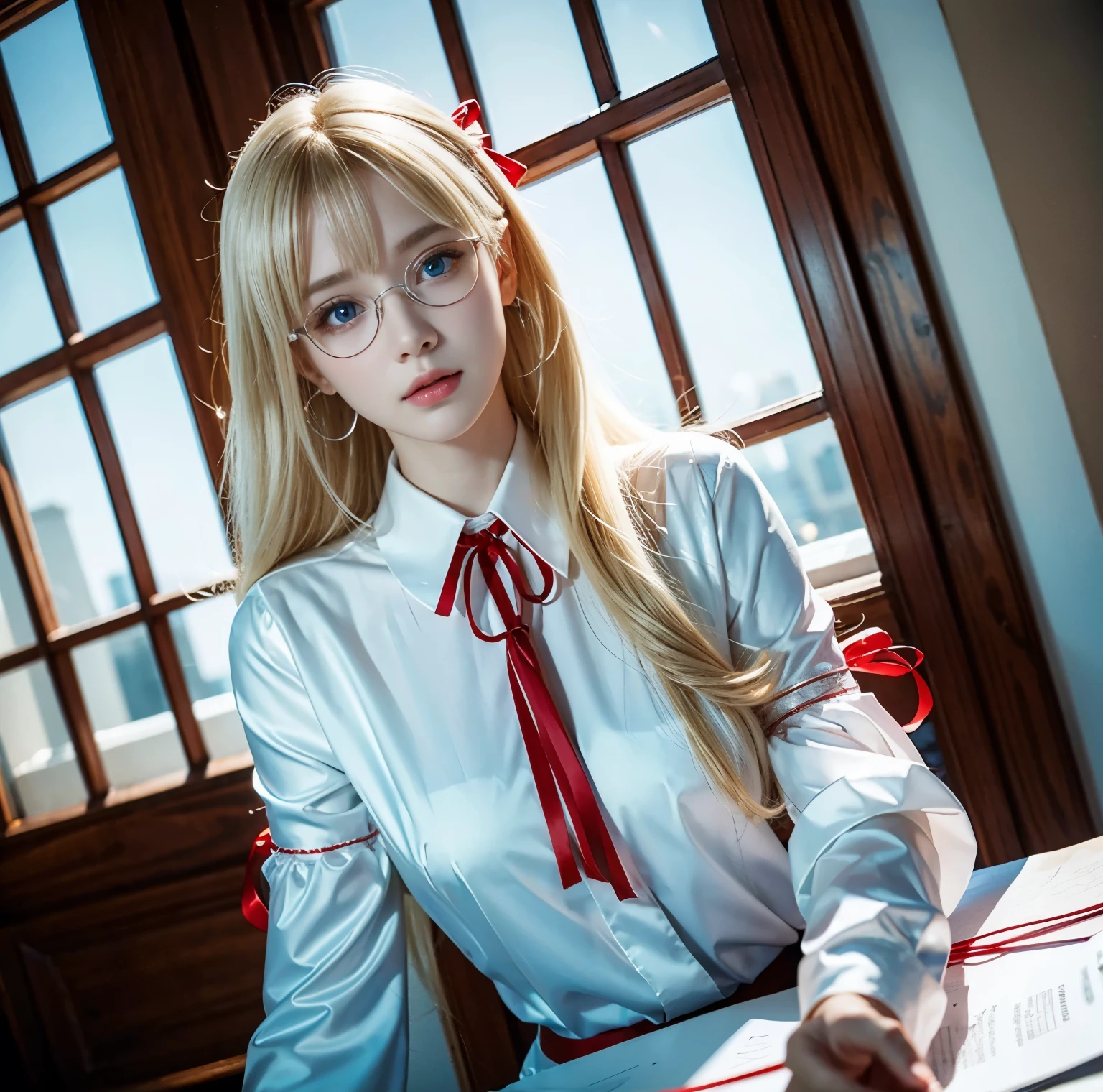 8K quality, pictures, Two beautiful men and beautiful women, Beautiful like a goddess, people are hazy at the Great Library, above chest shot at the ruins, (White blouse with red thin string ribbon tie:1.2), (Fine silver glasses), (Sparkling, beautiful light blue eyes and blond hair:1.2), Hair flying in the wind, Whitening skin like white porcelain, Half Up with Bangs, On the roof, extremely beautiful eyes, real,