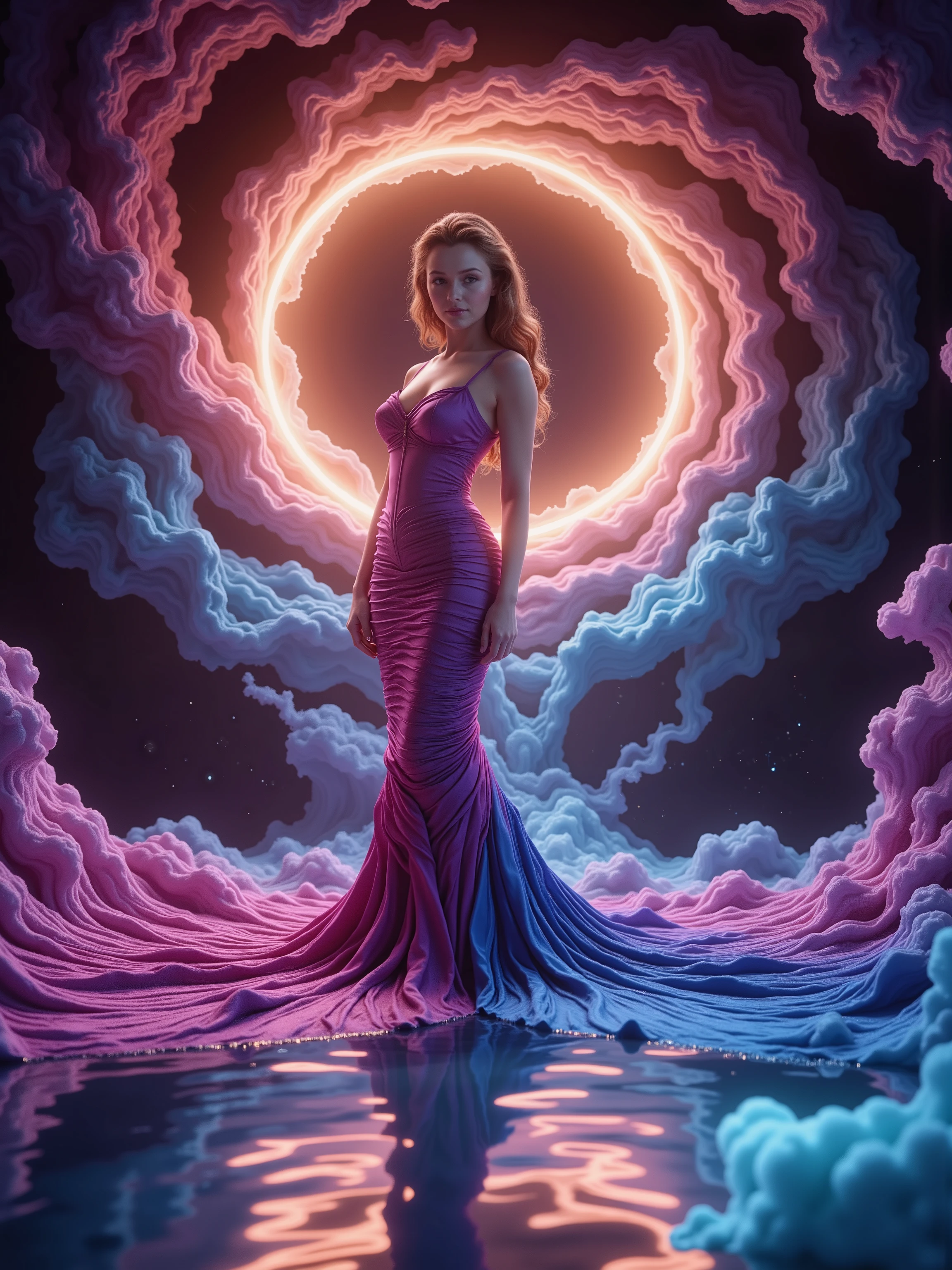 A woman in a mermaid style dress with a bright background of swirling light and energy comes into the dress, GJGJAA, and the into the woman as she loos at the viewer. Direct eye contact! Ultra-realistic, photo-realistic, ultra-detailed, realistic, realism, UHDR, hyperrealistic, 3D Rendering, 8K, highres, startling, Glowing Light, reflecting light, twisting with distorted energy, cinematography, ultra attractive model, and a flared style mermaid style full-length gown with a fitted bodice and a silk and satin skirt that can be seen here in circumference larger than usual. Let the brightly lit up background run crazy with energy, clouds, and swirling neon and fluorescent colored lights. 3D cinematic, realistic, hyperrealistic, and ultra-surrealism.