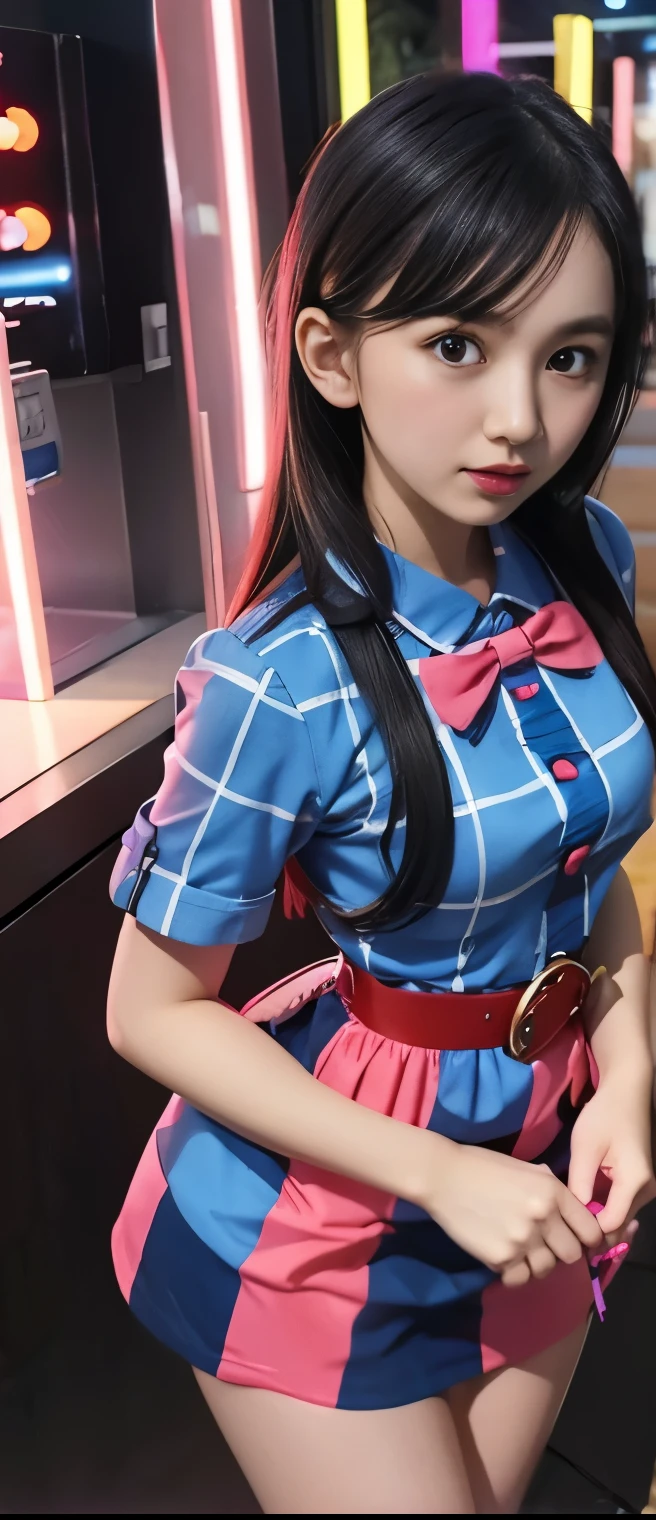 pure idol girl、A pure girl's face、 hypo、Dark Blue and Red Retro Checker Mini Dress、Candy Belt、Glowing Candy Sticks