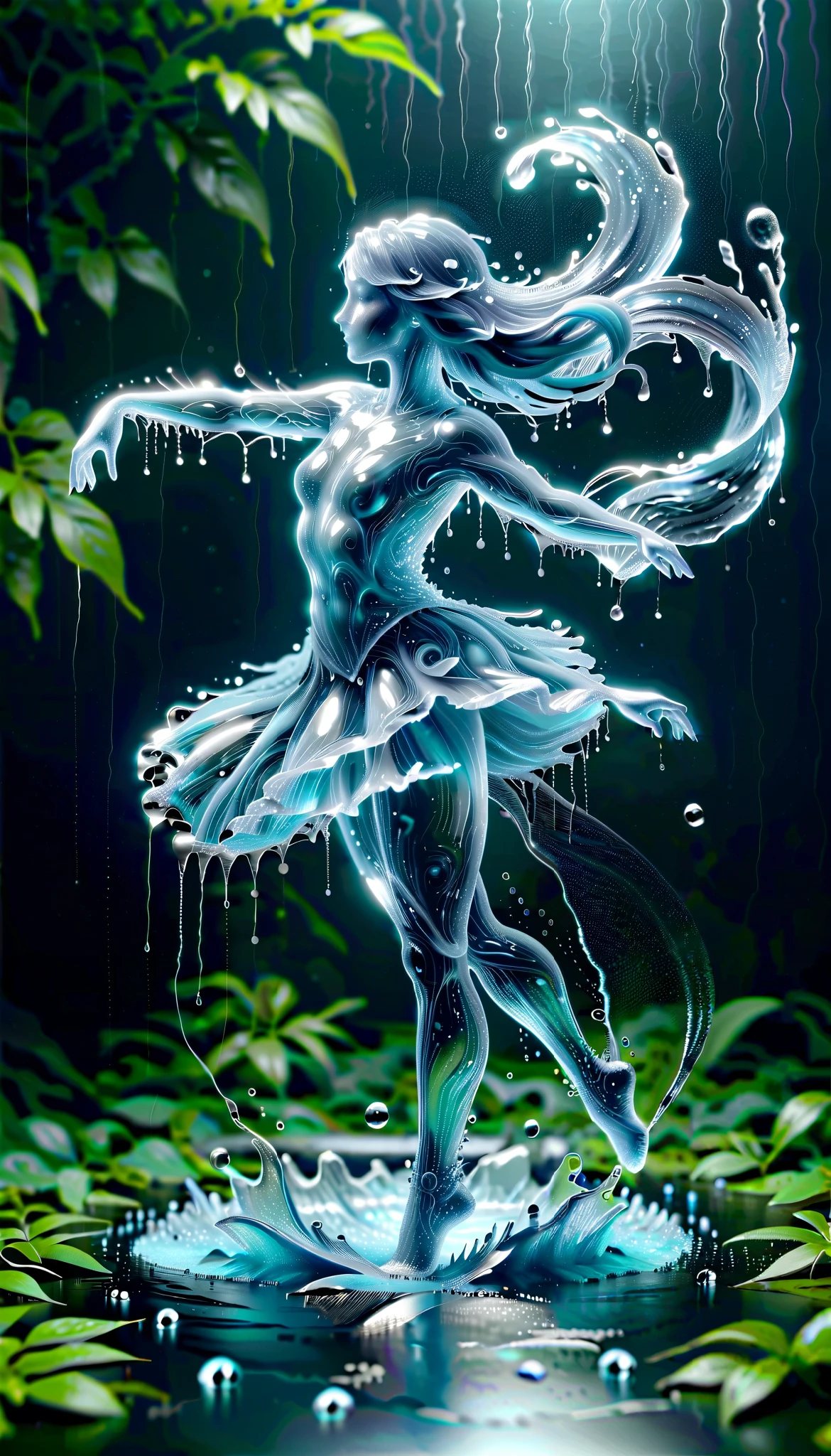 Dessiner sur une feuille, Dessiner une danseuse 4D de style encre uhd époustouflante et à couper le souffle, danseuse invisible déshabillée dansant sous la pluie, L’eau de pluie d’une personne invisible coule sur elle , Jour de pluie,  effet  holographique qui semble sortir de la feuille de dessin, dessin extrêmement détaillé, hyperréaliste, Des détails sublimes. Un travail vraiment remarquable, travail joyeux et sensuel, arrière plan minimaliste 