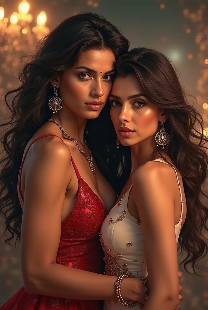 Two women lesbian rivals stare nose to nose Ultra realistic cinematic soft light and ultra d hugging tightly each other stare angrily each other both hate each other both women wearing red saari detailed red hour portrait,1girl in, age19, Solo, Long hair, Colossal , , black hair, Bare shoulders, Brown eyes, Full body, off shoulders, saree, Realistic, A sexy, 4K, max quality, small breasts, super sharp image, 8K, beautiful pose, playboy model, photo session, red lips, headshot, masterpiece, sex bomb, kashmiri, detailed body, Egyptian dress, chewing lips, highly detailed, seducing, seductive,face only, perfect lightening, white skin, good bright lightening, beach , dancing