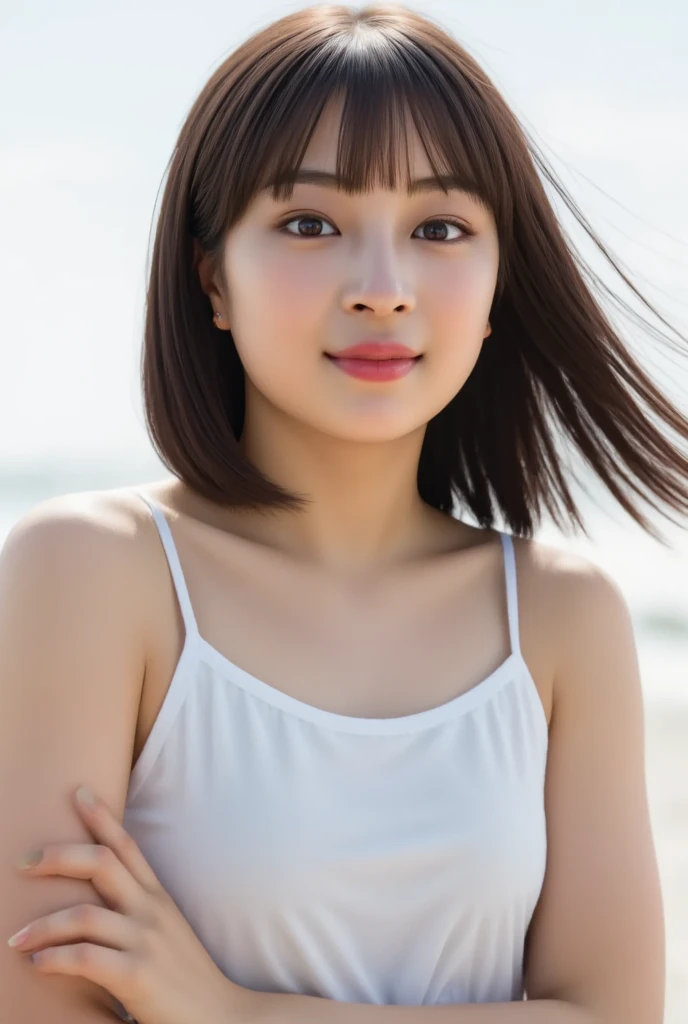 masterpiece, Highest quality, One Woman, (Yellow T-shirt:1.2), 22 years old、(RAW Photos, Highest quality), (reality, Realistic:1.4), Upper Body、Clean look、Iris、very detailed eyes and face, Beautiful and detailed nose, beautiful eyes, Perfect Anatomy、Black short hair、bangs、Crystal skin, A cool smile、Face Focus、Summer beach、