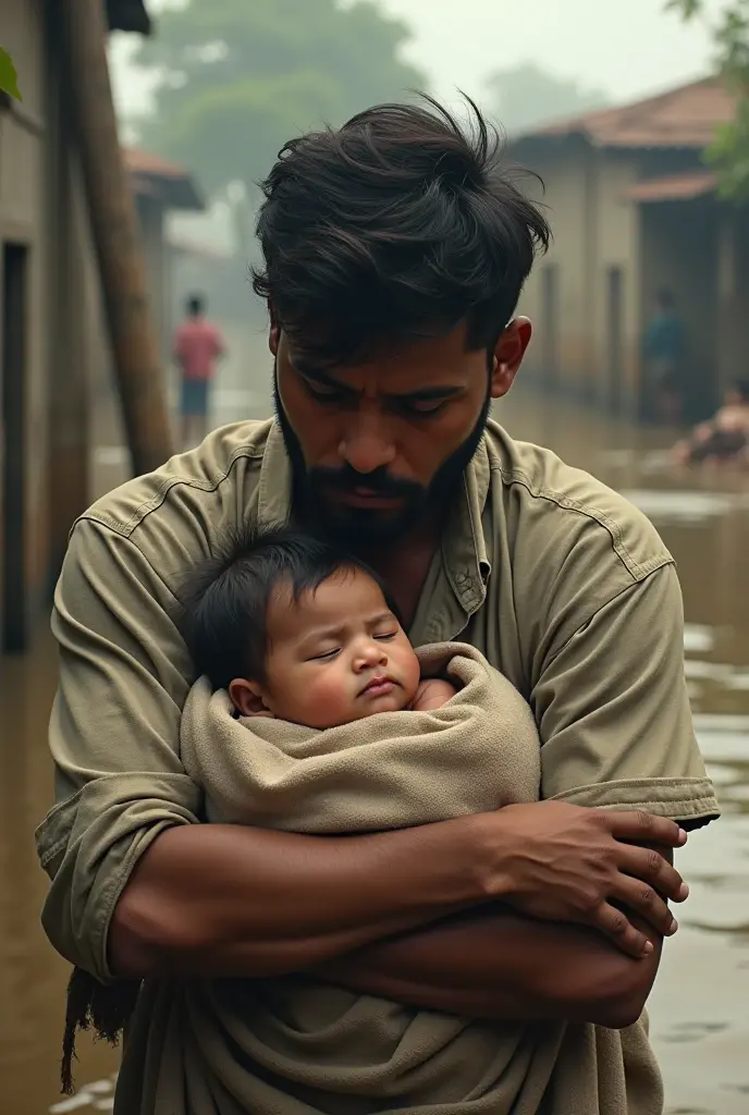 A baby sleep in her father hand in floods of bangladesh they are flooding
