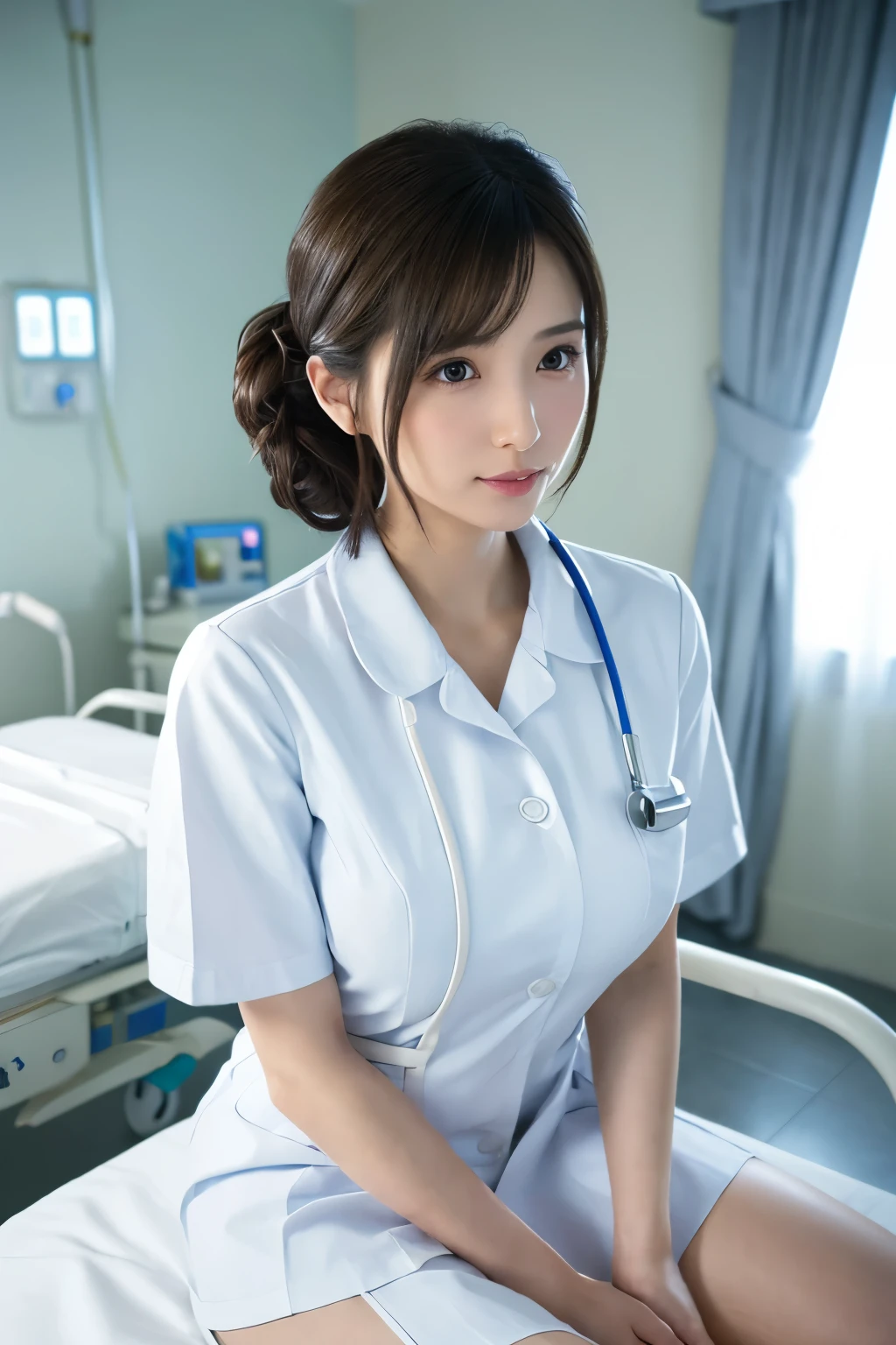 masterpiece, Highest quality, figure, Very detailed, In detail, High resolution, 8k wallpaper, Perfect dynamic composition, Beautiful attention to detail , slender, Lying on my back in a private bed at a university hospital)), ((Lying in bed)), ((Japanese nurse uniform, The button is off, Accentuate your breasts)) , Medium-sized breasts with a high firmness, A clean and mature face, ((Mouth open, Shy expression, Blushing), (((Photo taken from a distance, from the front)))