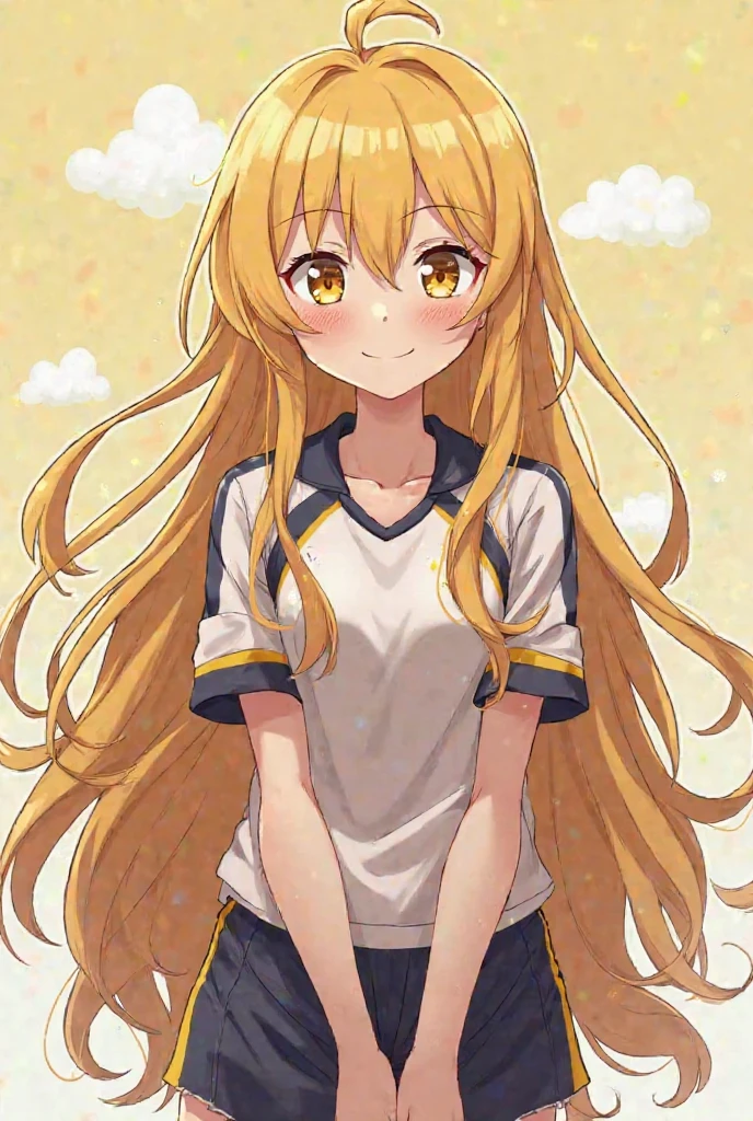 top-quality,Top image quality,perfect anatomy,masterpiece,Ultra-detail,Beautiful、ultra-quality, best quality,high resolution, ultra-detailed,game cg,dutch angle ,beautiful detailed eyes, visualart,five fingers, perfect hands,beautiful girl,front view,cowboy shot,
BREAK,((akikawayayoi)),独奏,yellow hair,long hair,chibi,(flat chest),skinny,(white gym shirt,gym uniform,dark blue buruma:1.3), short sleeve,happy smile,open mouth,(open stance:1.3)